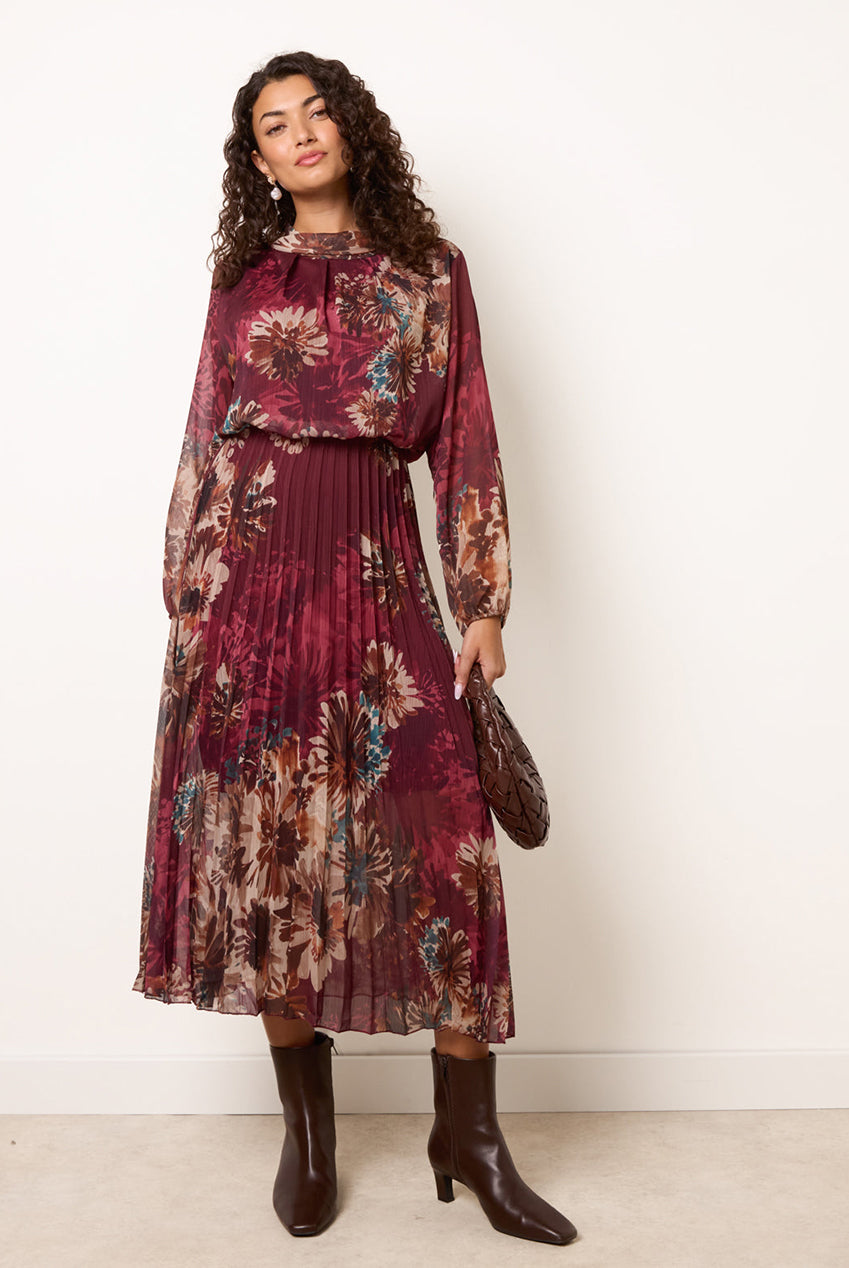 Floral Cowl Neck Long Sleeve Pleated Chiffon Dress BV6799IT034