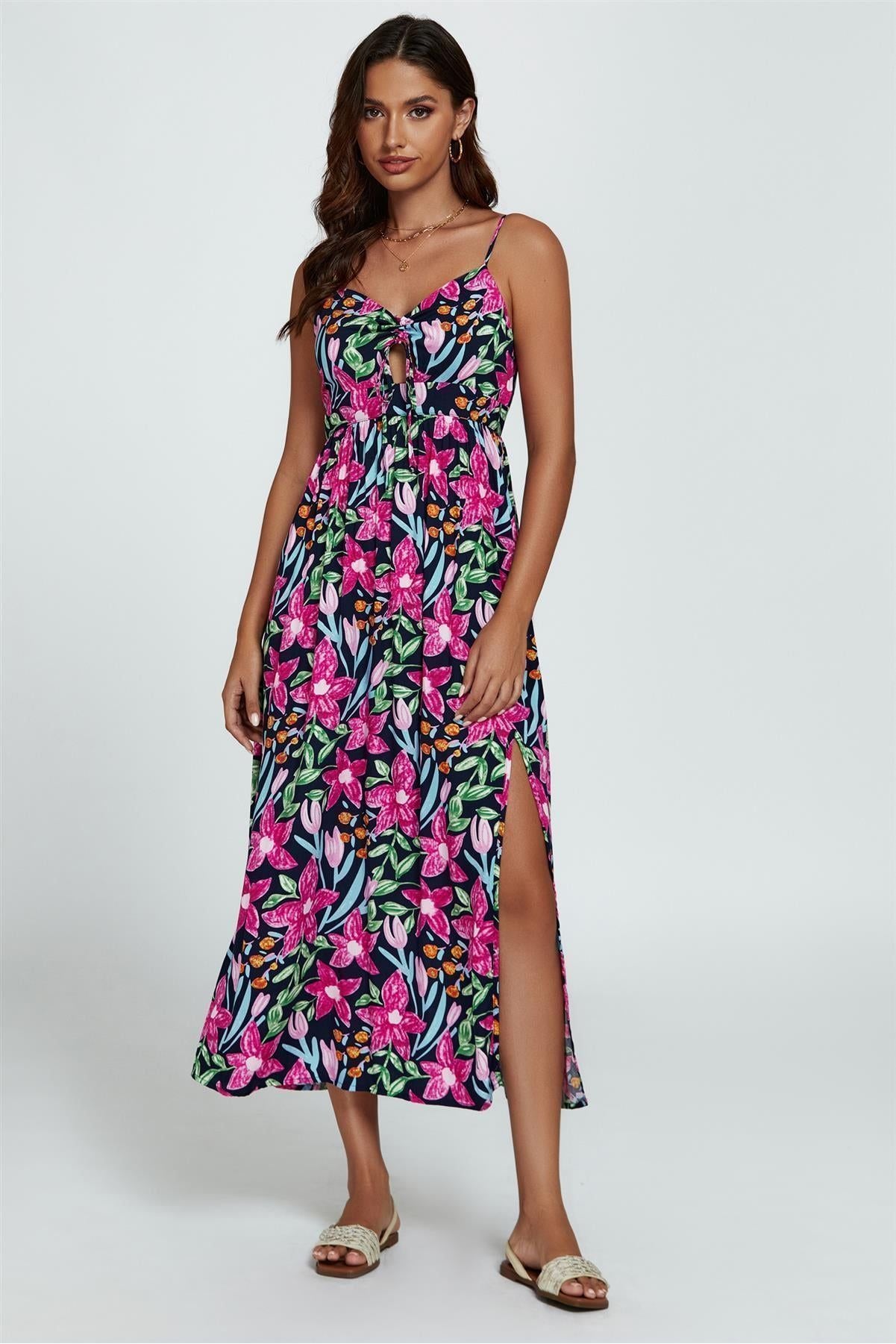 Floral Print Tie Front Maxi Dress In Black FS803-BM