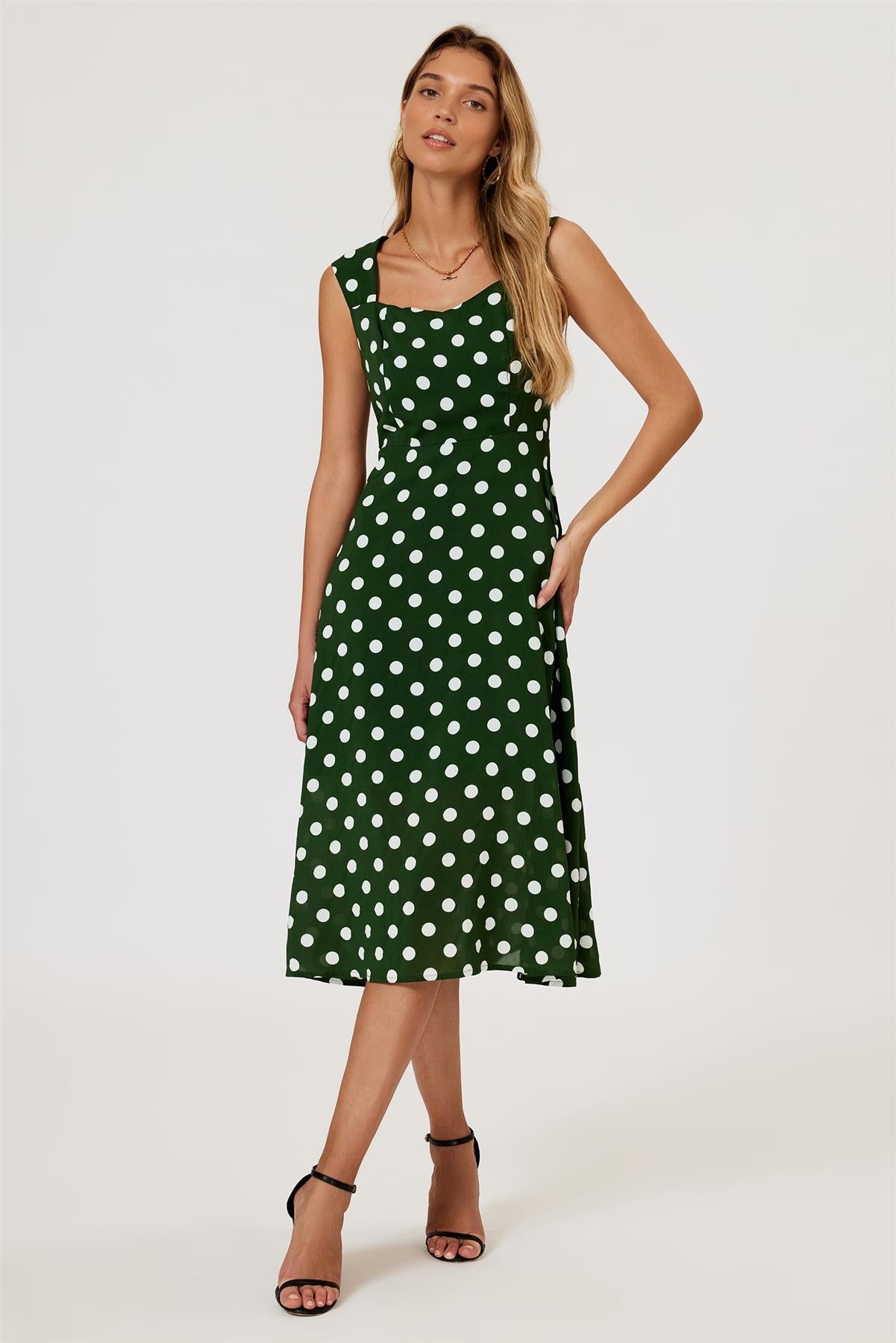 Polka Dot Print Heart Neck Midi Green FS887