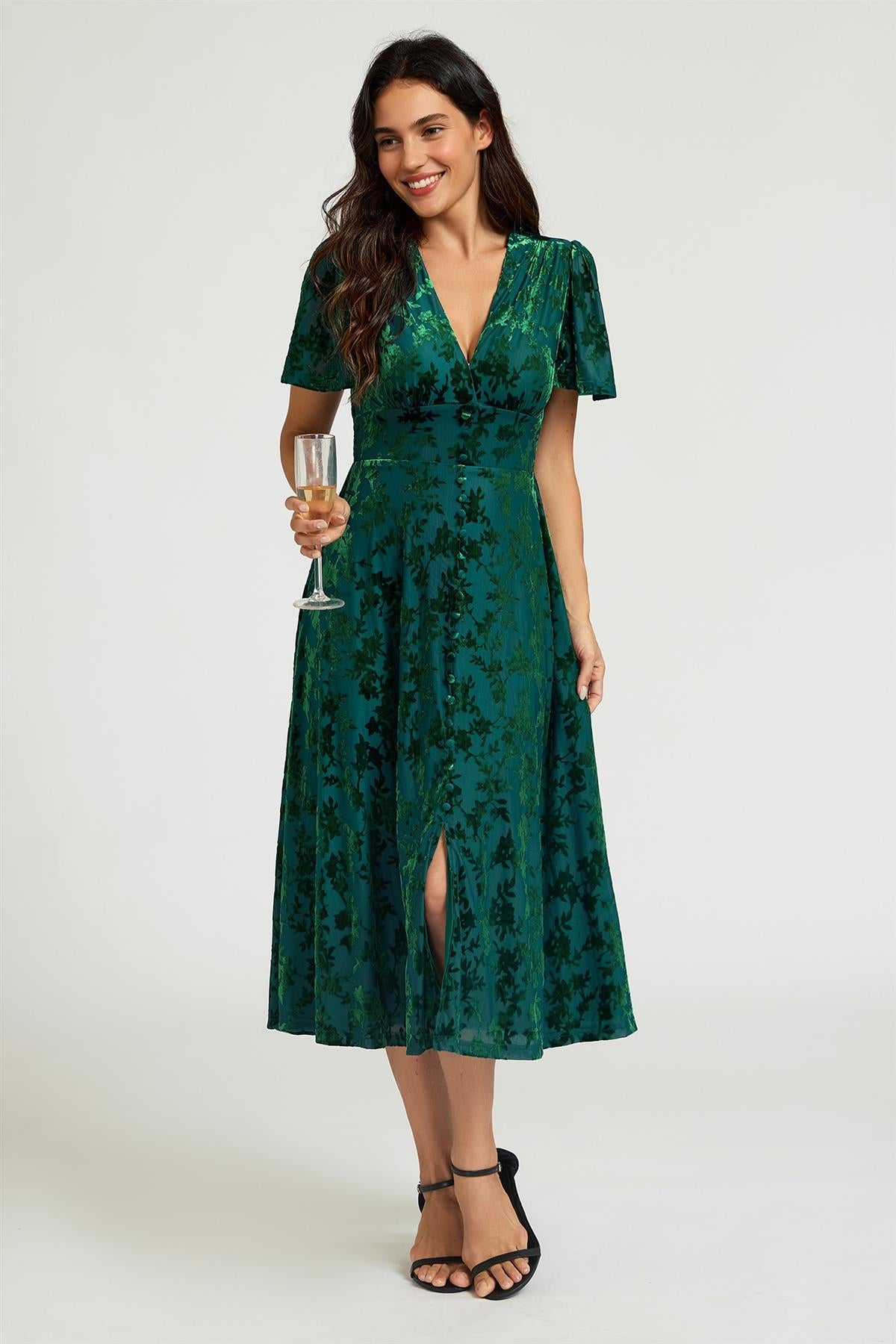Floral Velvet Devore V Neckline Dress In Green FS909