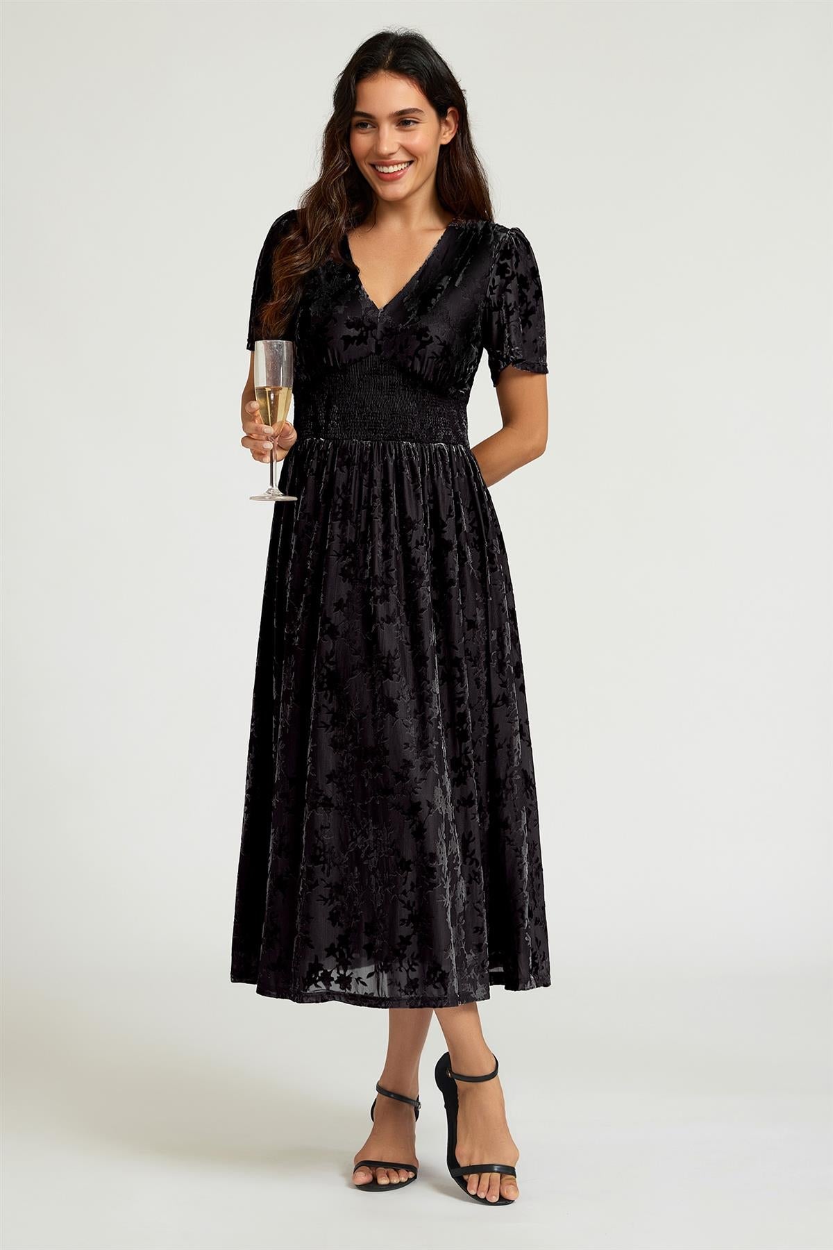 Black Velvet Burnout V-Neck Angel Sleeve Midi Dress FS955