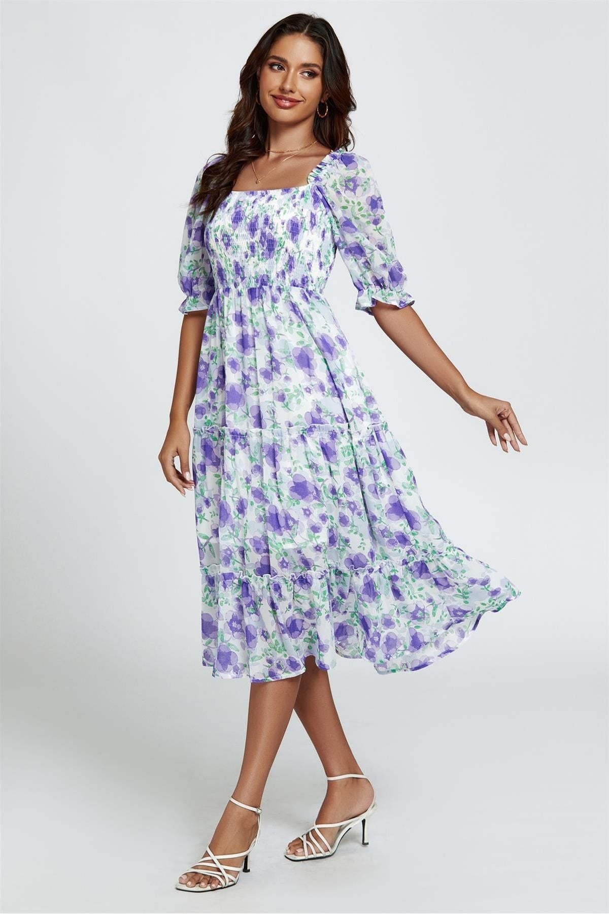 Floral Print Bardot Puff Sleeve Elasticated Detail Midi Dress In White FS362-PWF