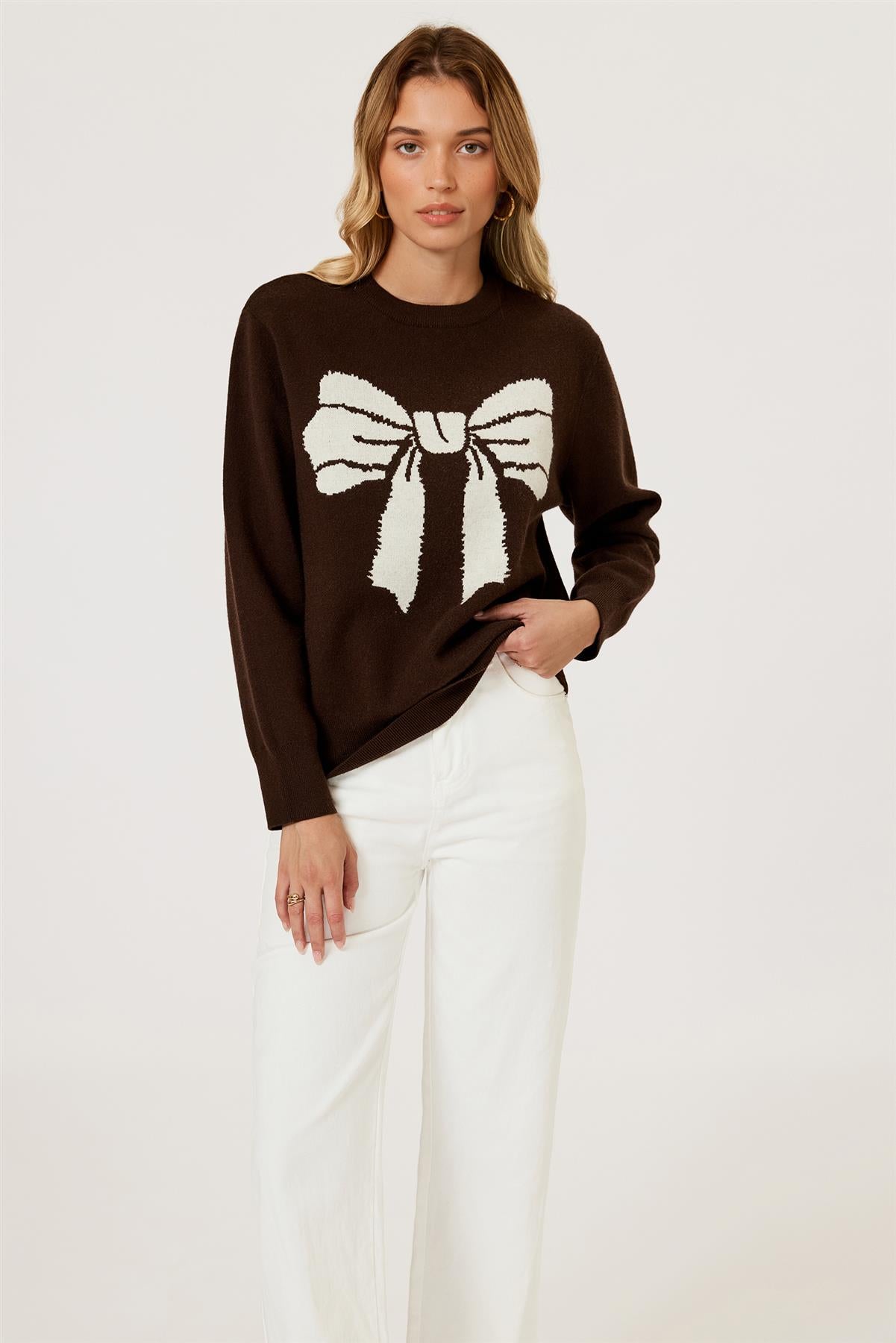 Bowknot Pattern Knit Jumper Top In Brown FS850