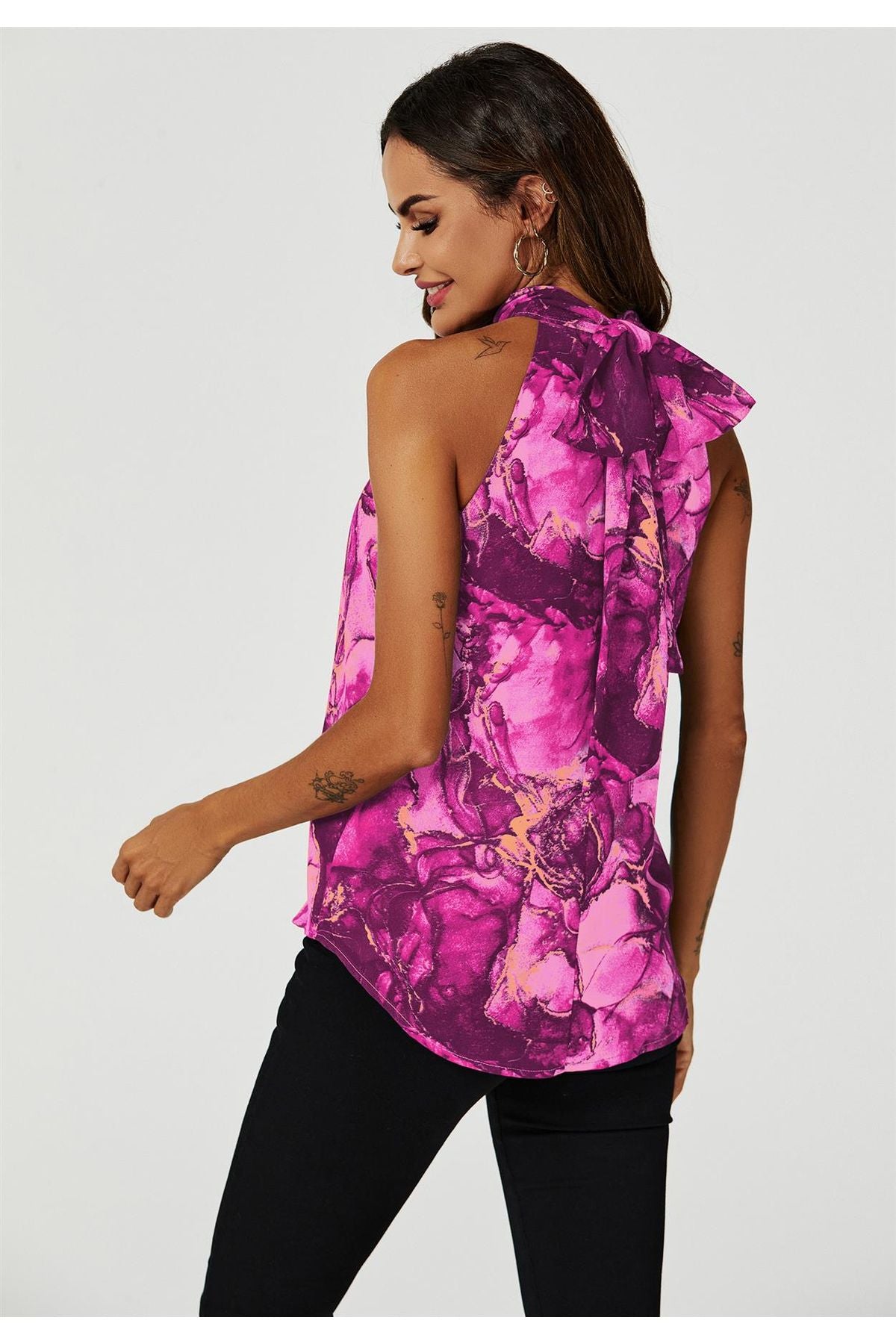 Marble Print Halter Neck Tie Back Top In Fuchsia Pink FS623-FuchsiaPink