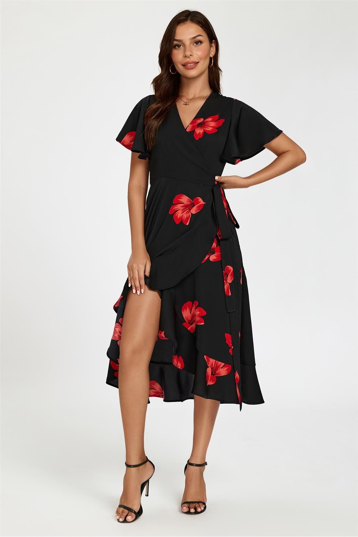 Floral Print Angel Sleeve Wrap Dress In Black FS524-BlackRed