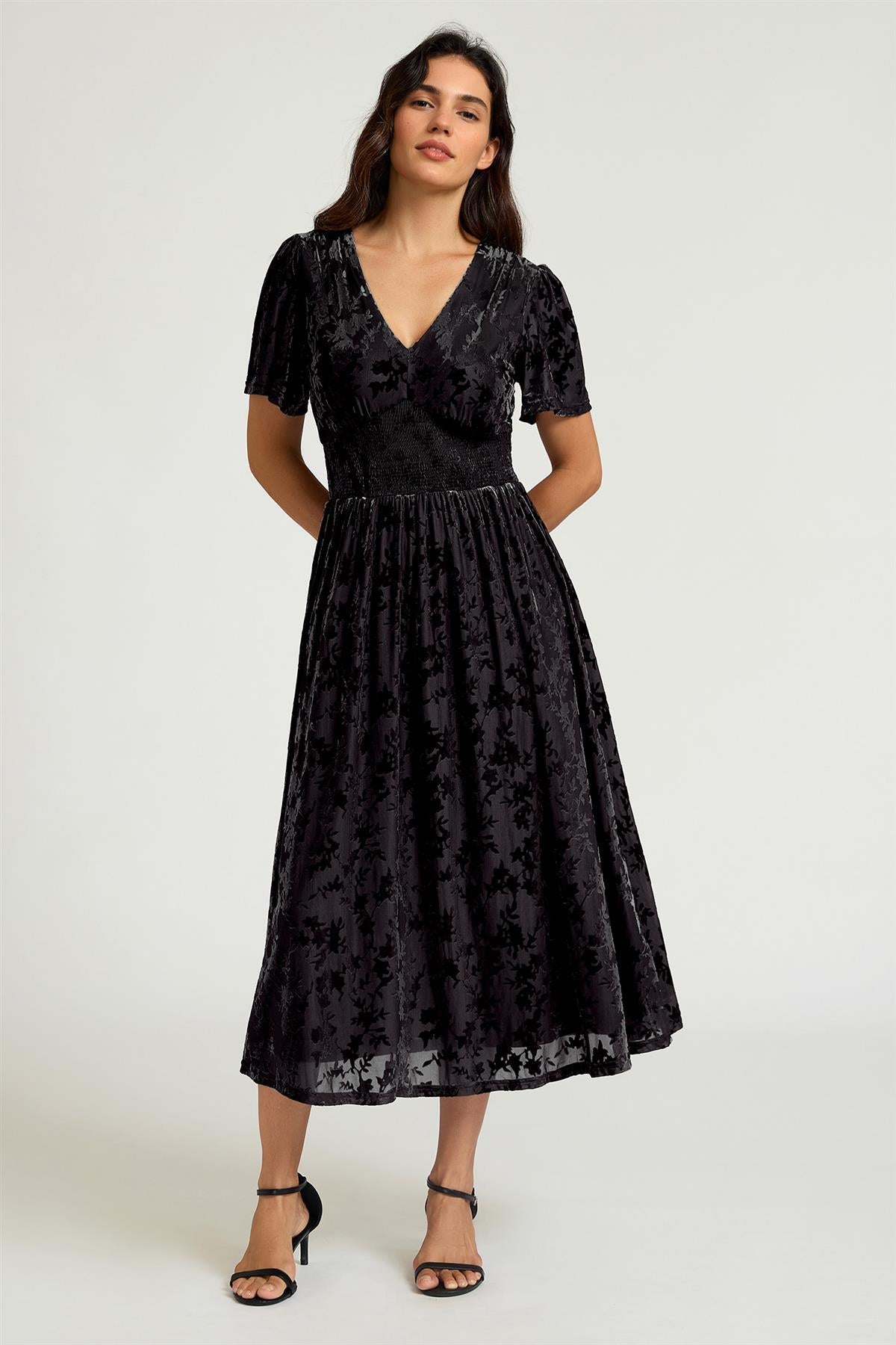 Black Velvet Burnout V-Neck Angel Sleeve Midi Dress FS955
