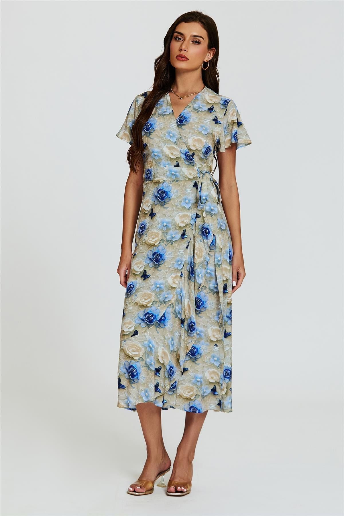Floral Print Wrap Hem Midi Dress In Beige FS21164-TDB