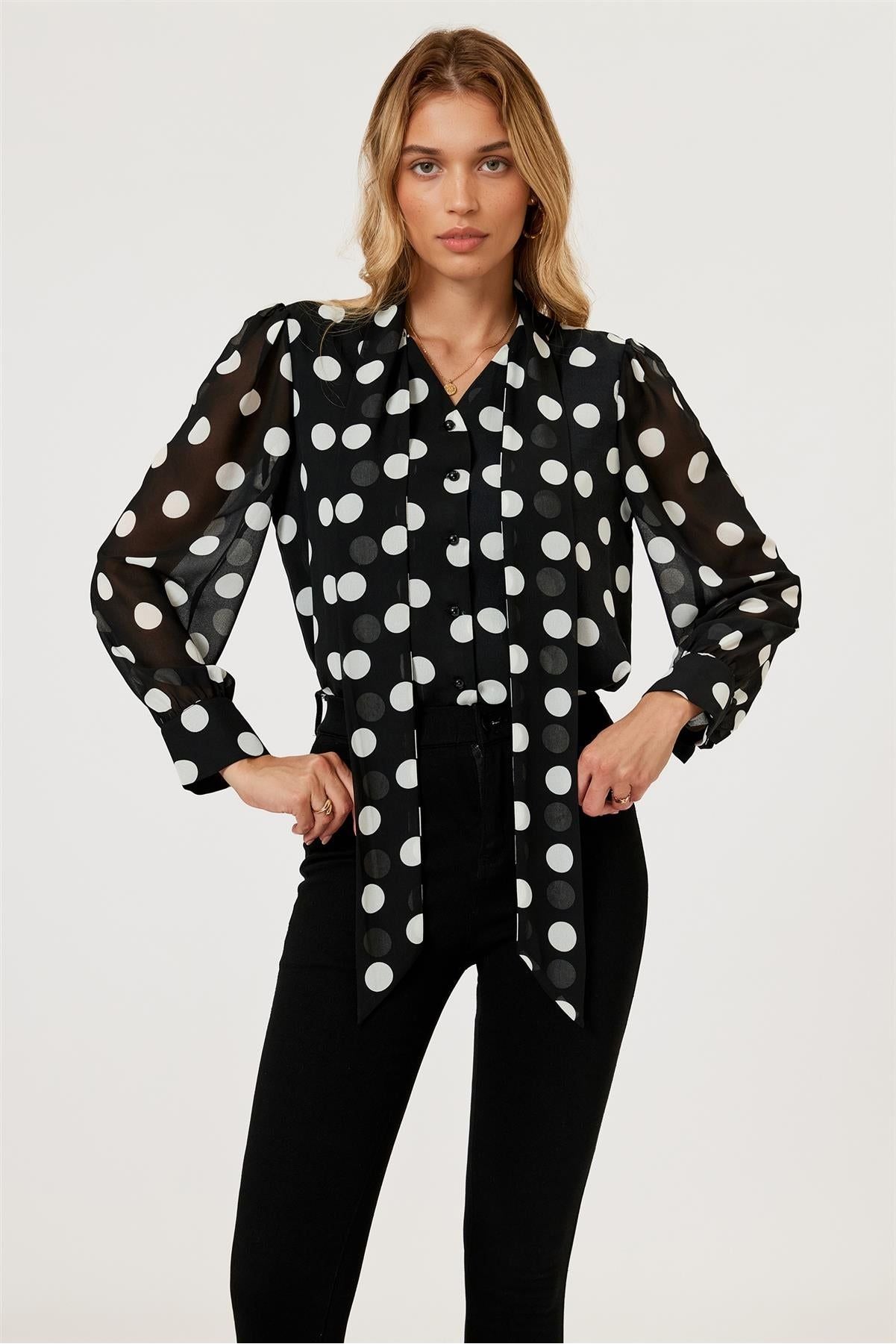 Dot Print Tie Detail Long Sleeve Blouse Top In Black FS625