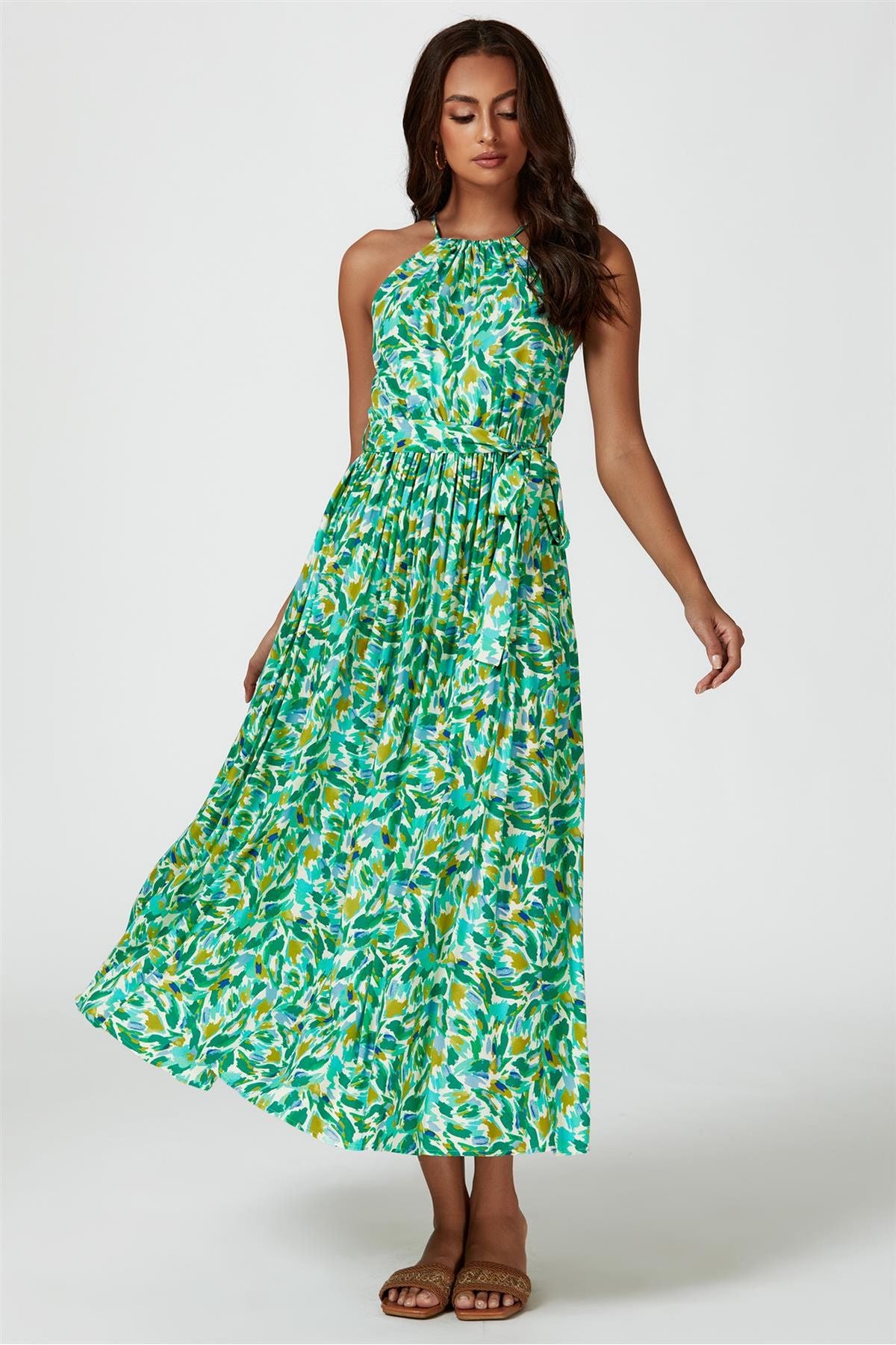 Abstract Print Tie Halterneck Maxi Dress In Green FS567-GA