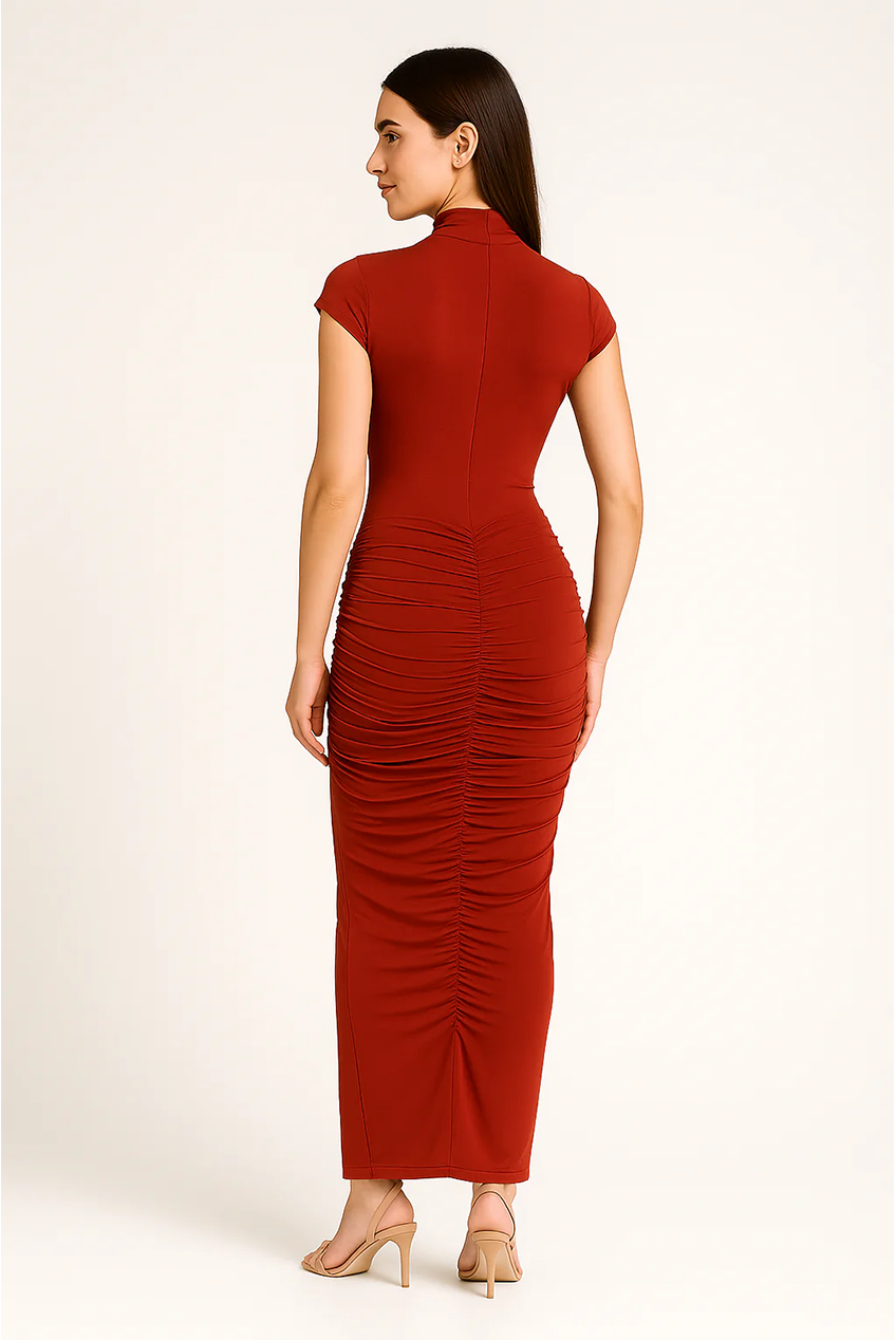 Cap Sleeve Jersey Ruched Waist Maxi Style Evening Gown AV-IMD2498