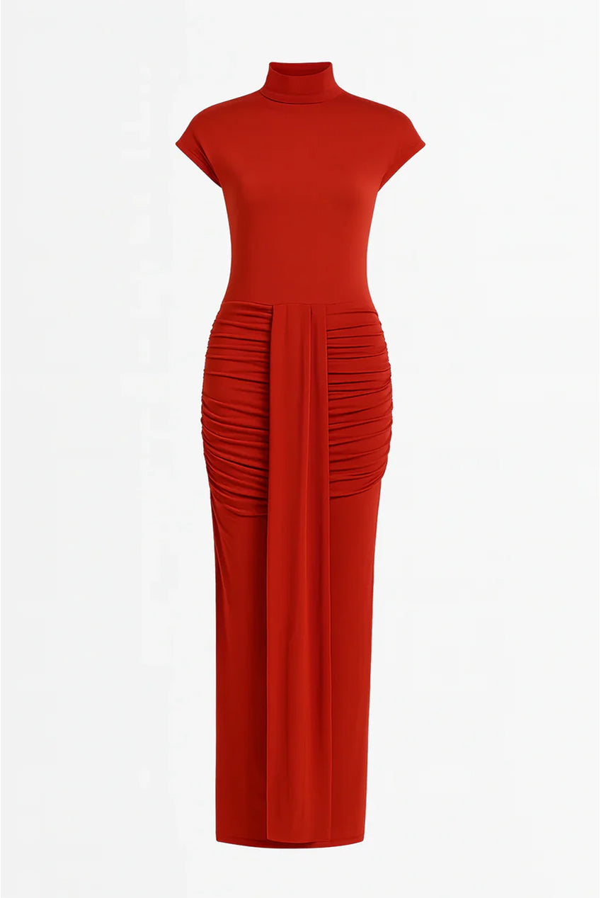 Cap Sleeve Jersey Ruched Waist Maxi Style Evening Gown AV-IMD2498