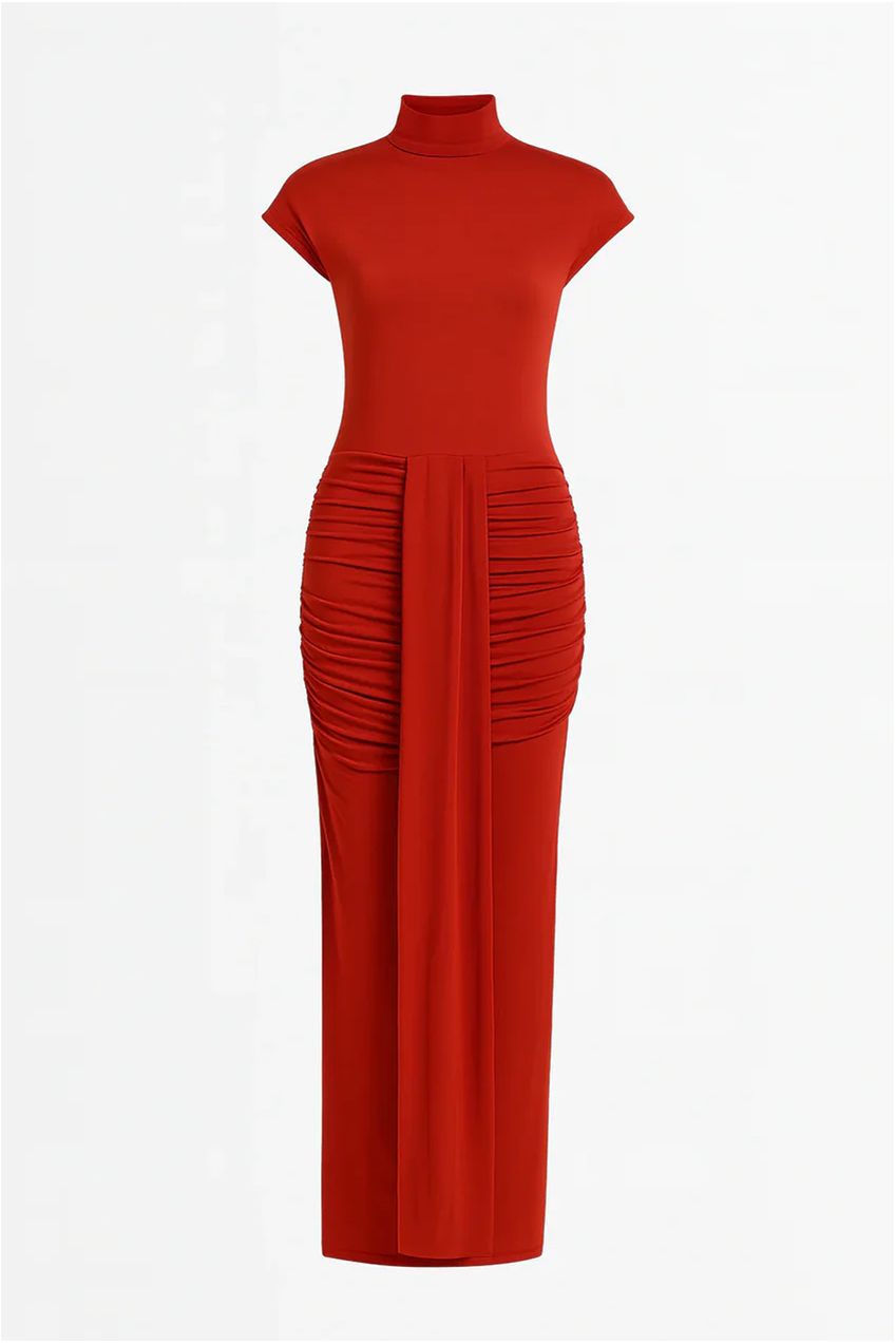 Cap Sleeve Jersey Ruched Waist Maxi Style Evening Gown AV-IMD2498