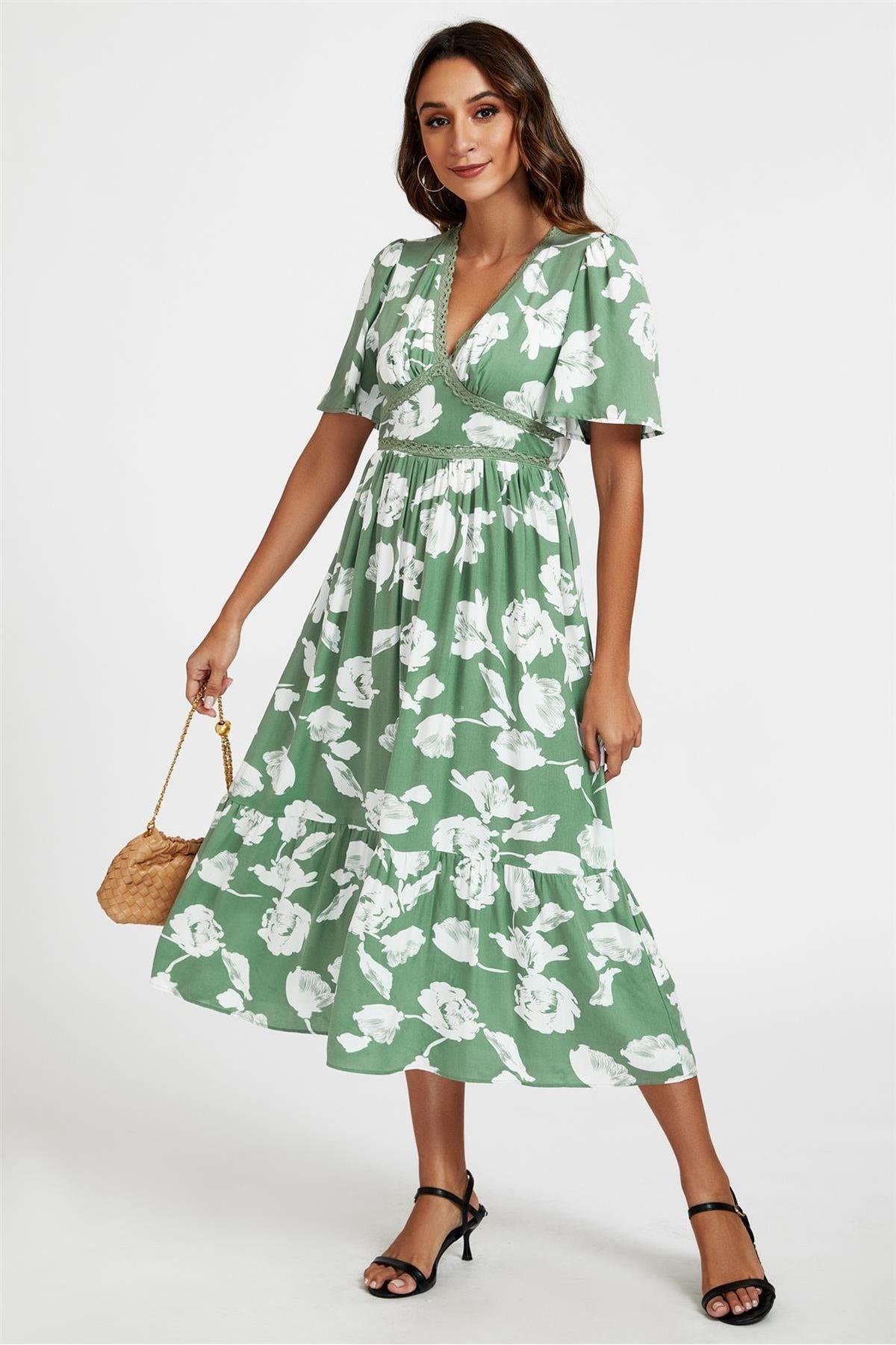 White Floral Print Lace Detail Angel Sleeve Midi Dress In Green FS661-GW