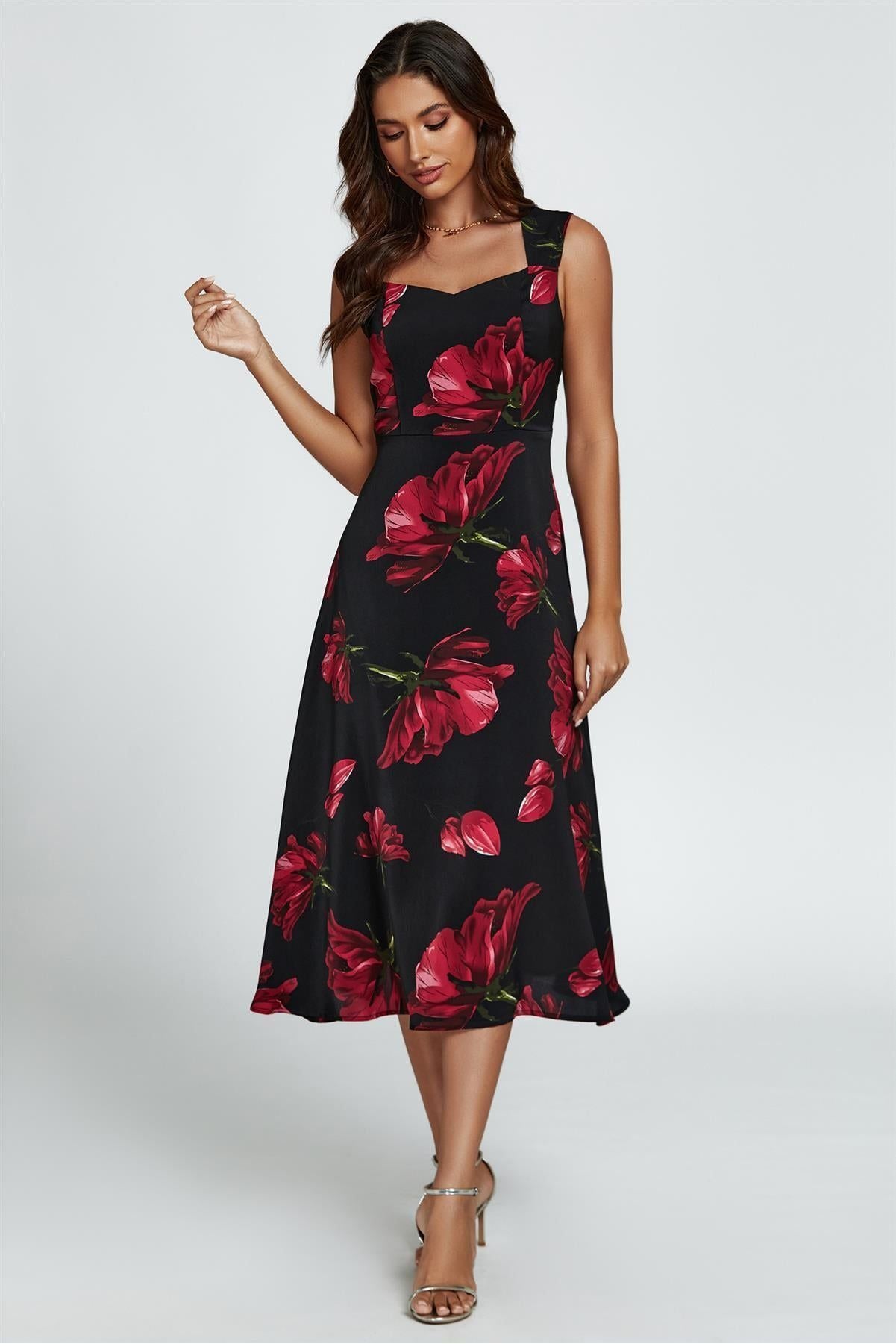 Floral Print Heart Neck Midi Dress In Black FS399-RedFloral
