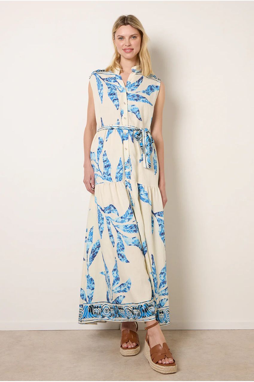 Leaf Print Collarless Shirt Dress With Belted Waist CC2704BV002