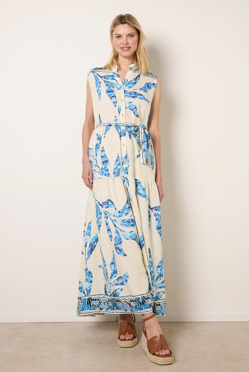 Leaf Print Collarless Shirt Dress With Belted Waist CC2704BV002