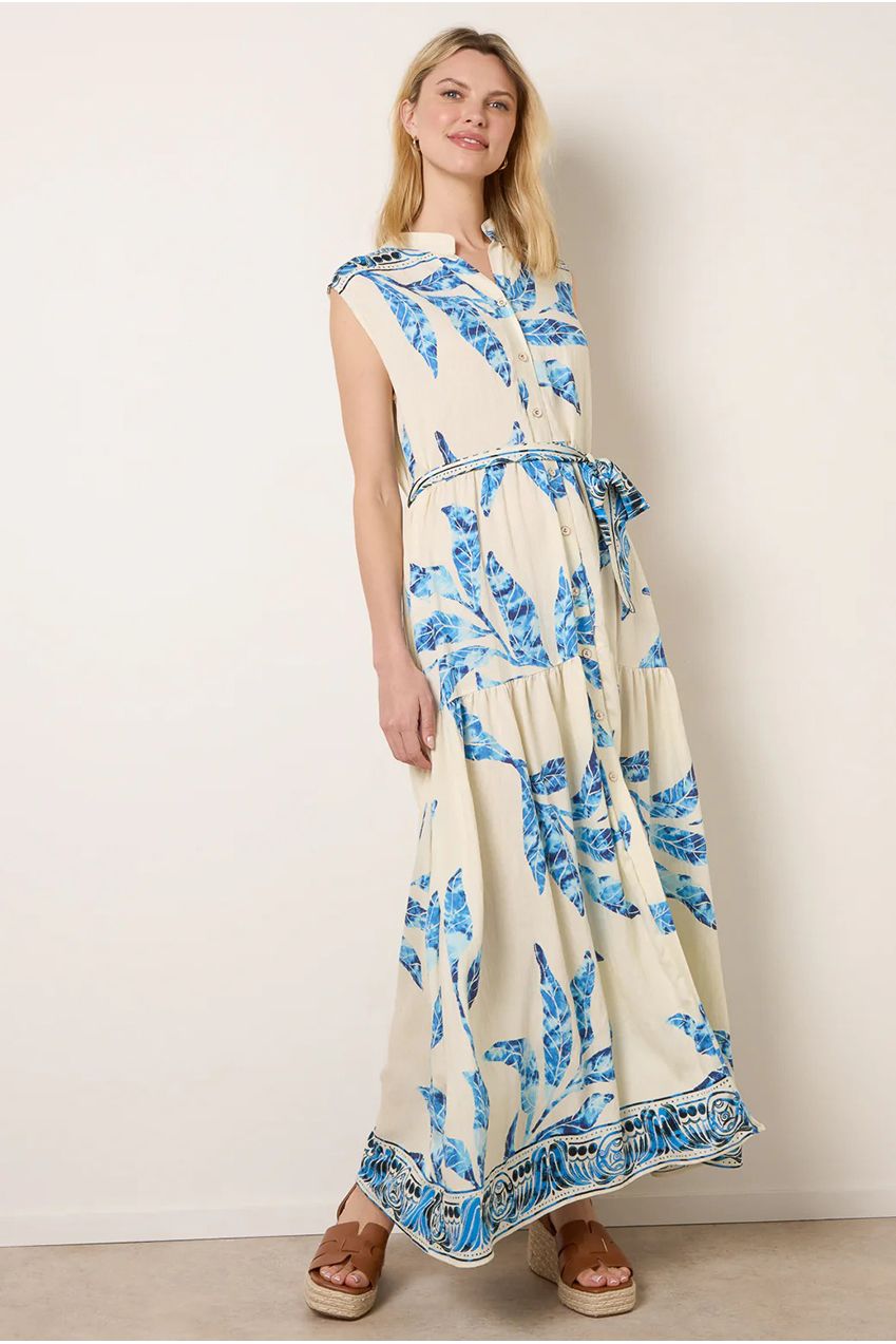 Leaf Print Collarless Shirt Dress With Belted Waist CC2704BV002