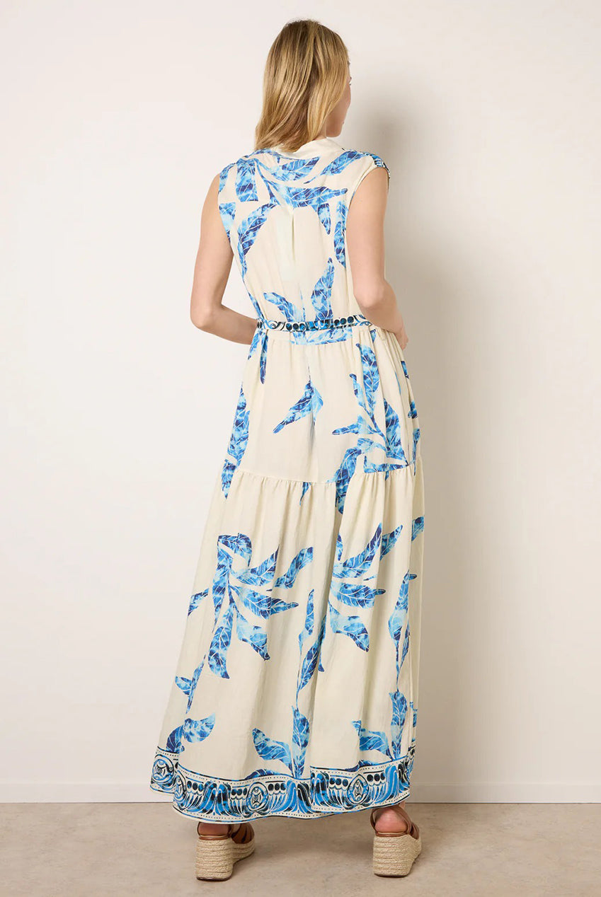 Leaf Print Collarless Shirt Dress With Belted Waist CC2704BV002
