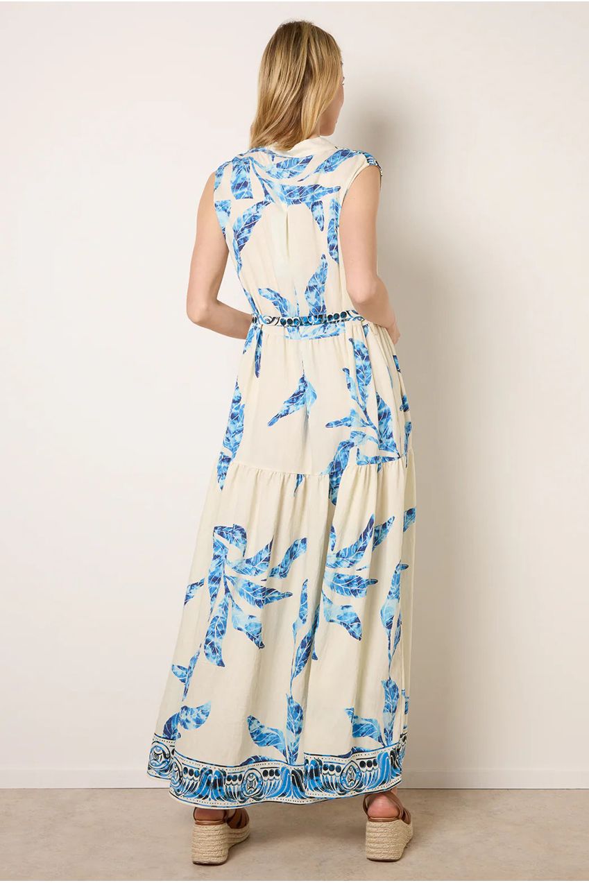 Leaf Print Collarless Shirt Dress With Belted Waist CC2704BV002