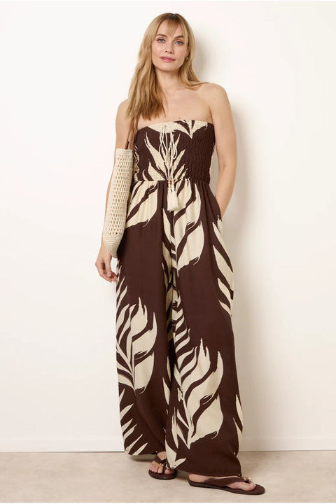 Printed Bandeau Tie Neck Shirred Jumpsuit by Blue Vanilla