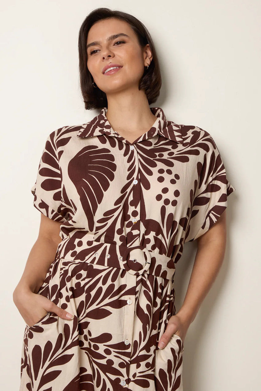 Tropical Leaf Print Belted Shirt Dress CC2706BV030