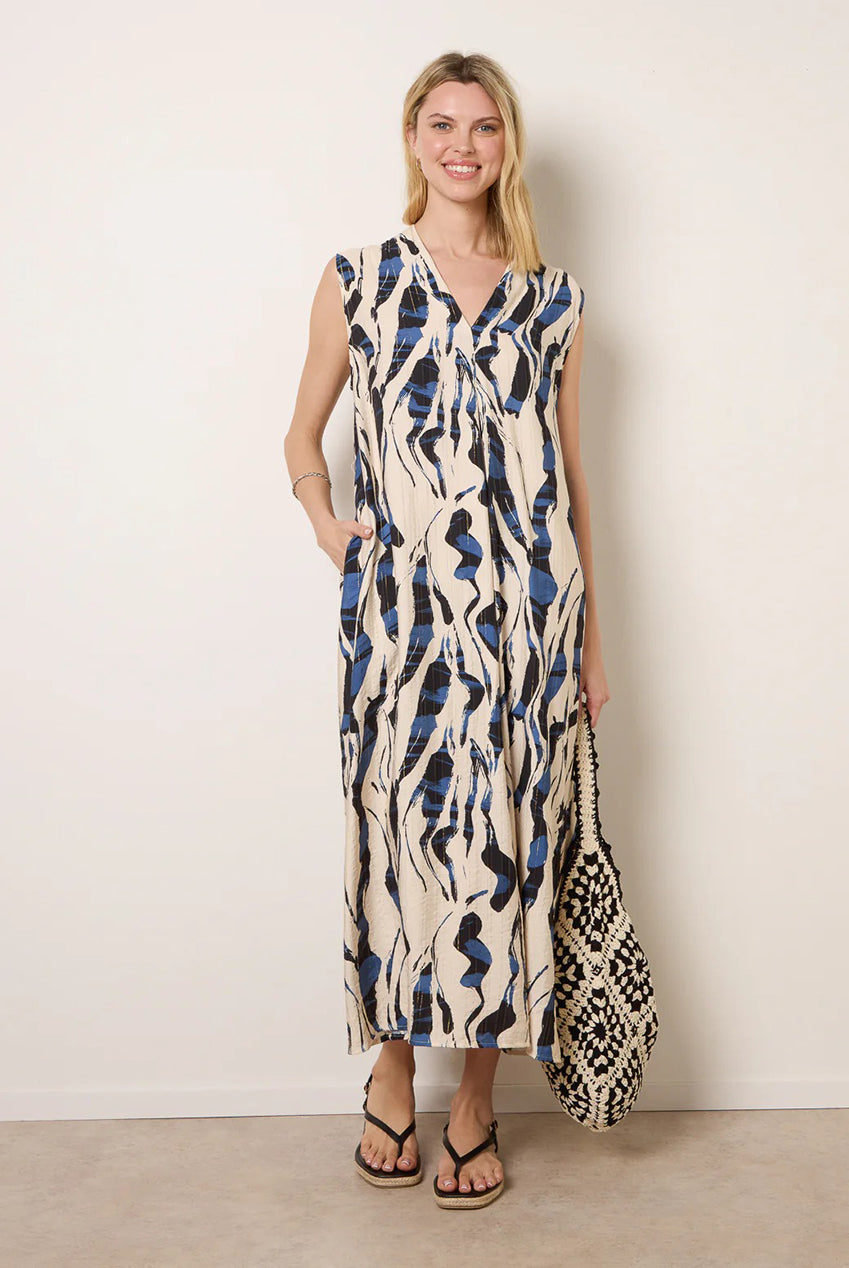 Metallic Abstract Printed Collarless V Neck Dress CC2737BV002