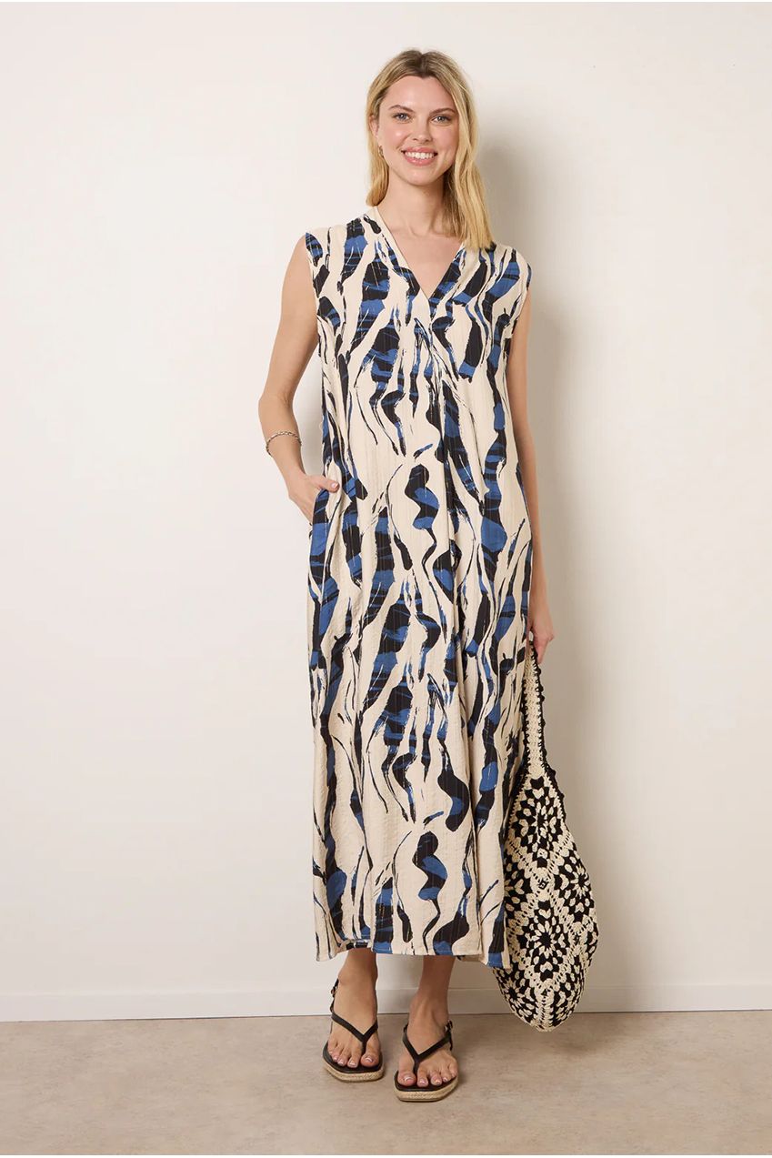 Metallic Abstract Printed Collarless V Neck Dress CC2737BV002