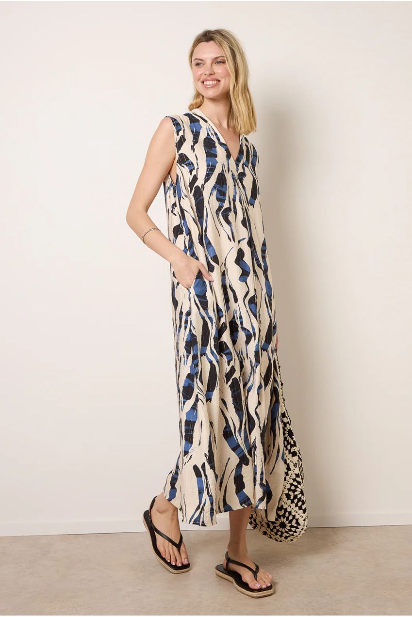 Metallic Abstract Printed Collarless V Neck Dress CC2737BV002