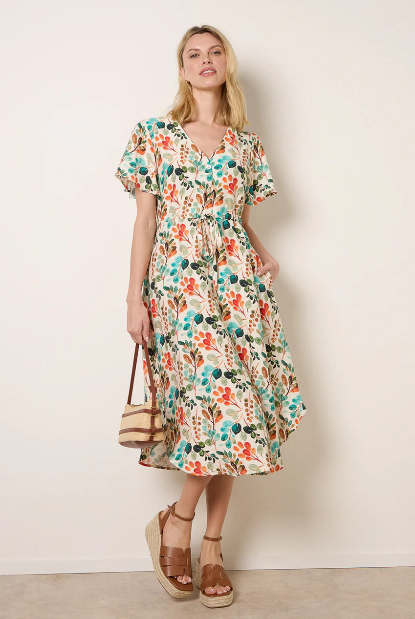Leaf Print Tie Waist Shirt Midi Dress CC2749BV396