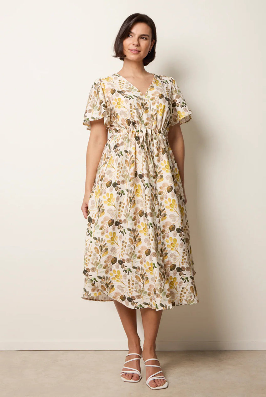 Leaf Print Tie Waist Shirt Midi Dress CC2749BV378