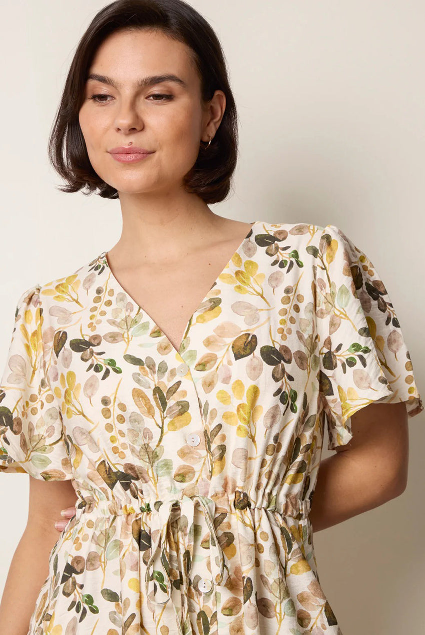 Leaf Print Tie Waist Shirt Midi Dress CC2749BV378