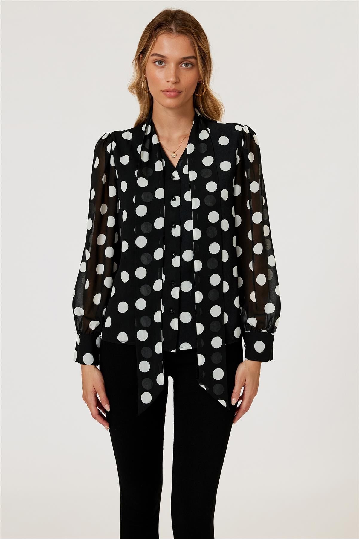 Dot Print Tie Detail Long Sleeve Blouse Top In Black FS625
