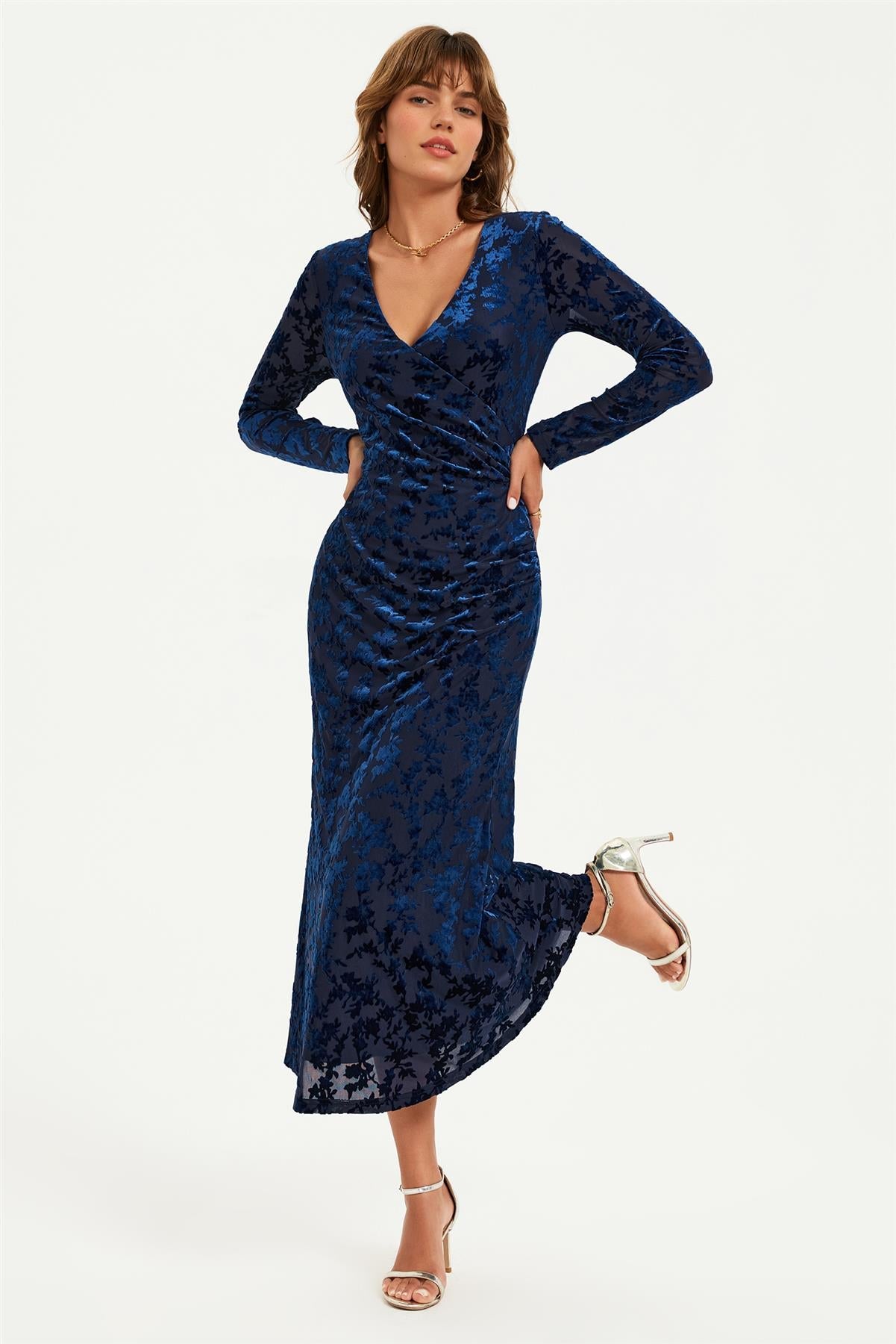 Floral Velvet Devore Long Sleeve Wrap Midi Dress In Navy FS902-NVF