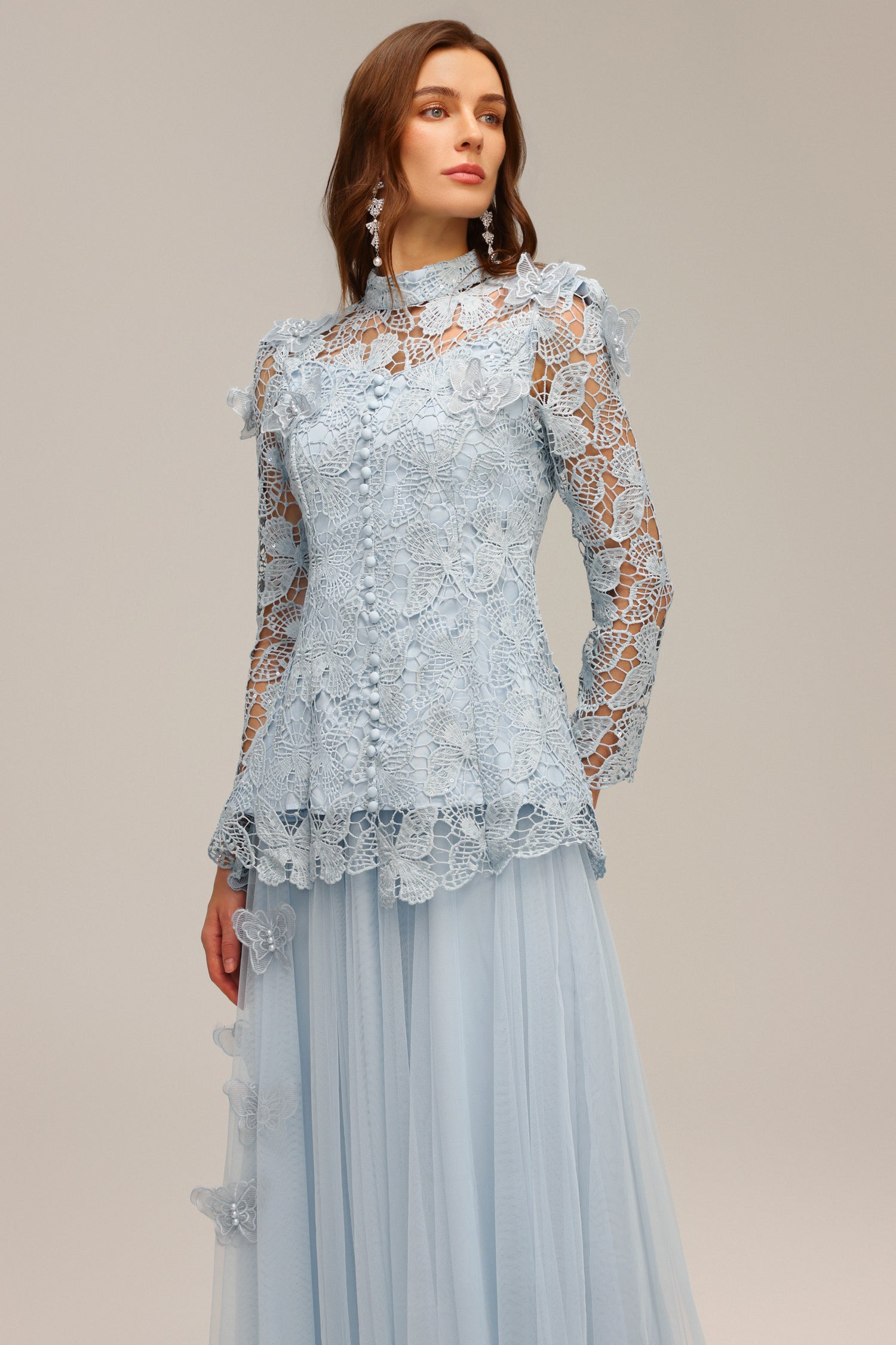 Sabina Long Sleeve Folds Lace Butterfly Top And Skirt Two-Piece Set C250300235