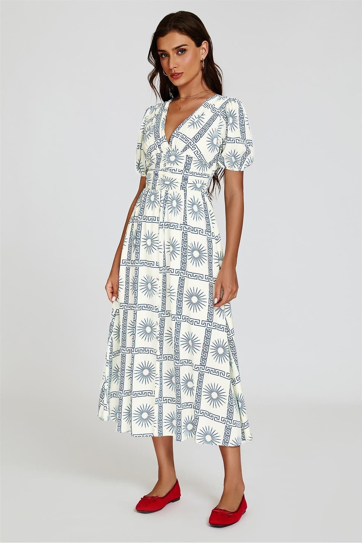 Geo Print Midi V Neckline Dress In White FS827-WBF