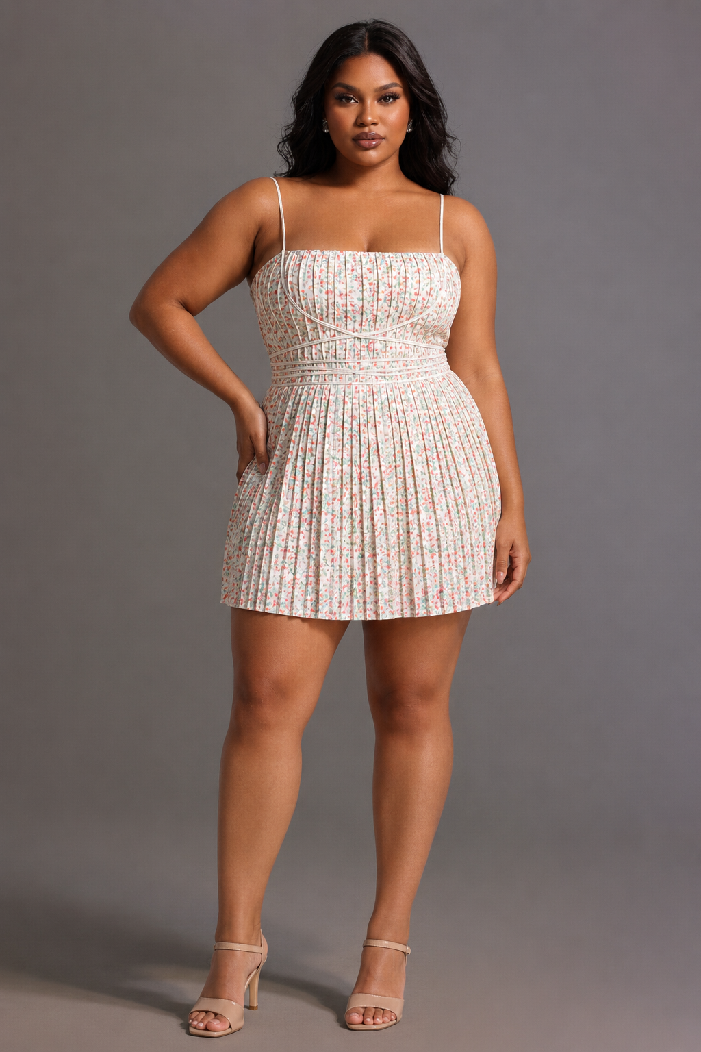 Modan Romantic Cinched Sleeveless Floral Print Pleated Woven Mini Dress C260400059