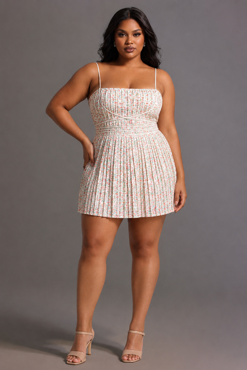 Modan Romantic Cinched Sleeveless Floral Print Pleated Woven Mini Dress by Bella Barnett