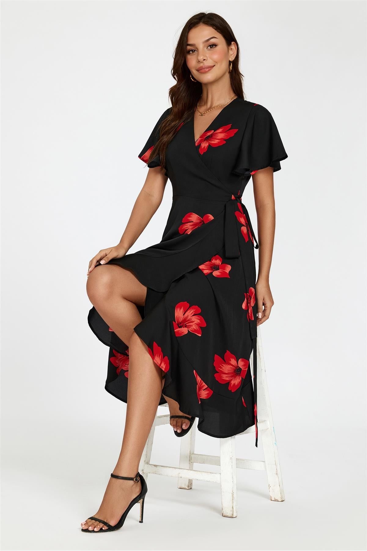 Floral Print Angel Sleeve Wrap Dress In Black FS524-BlackRed