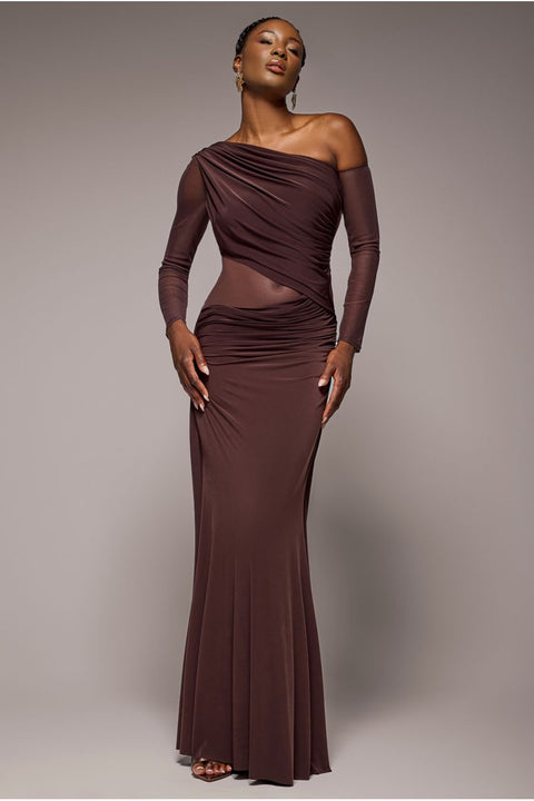 Gathered Cowl Asymmetric Mesh And Soft Touch Maxi Dress - Brown by Goddiva