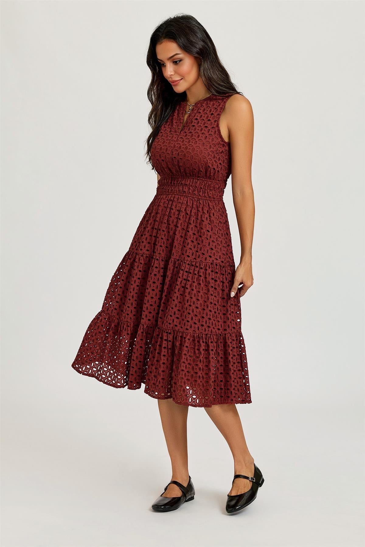 Sleeveless Broderie Anglaise Midi Dress In Rust FS982