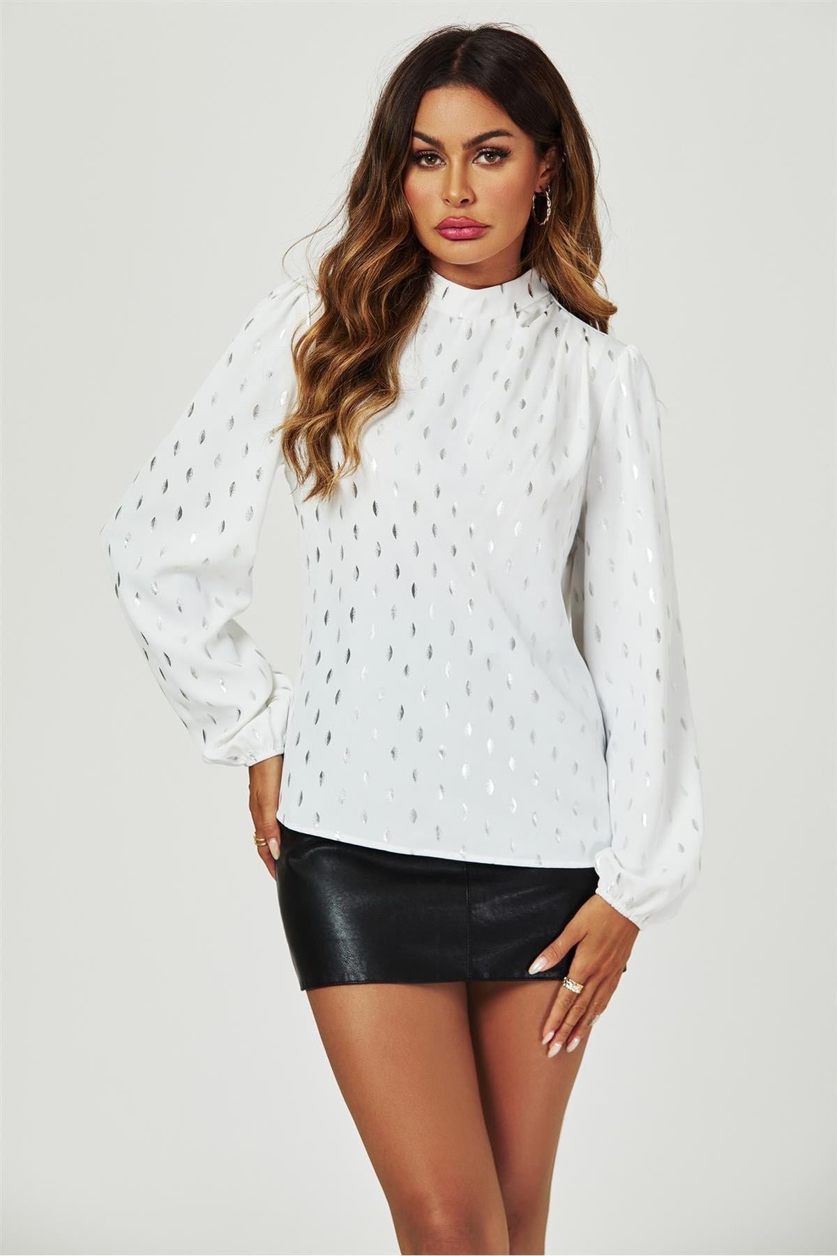 Silver Foil Long Sleeve High Neck Top In White FS628-WhiteFoil