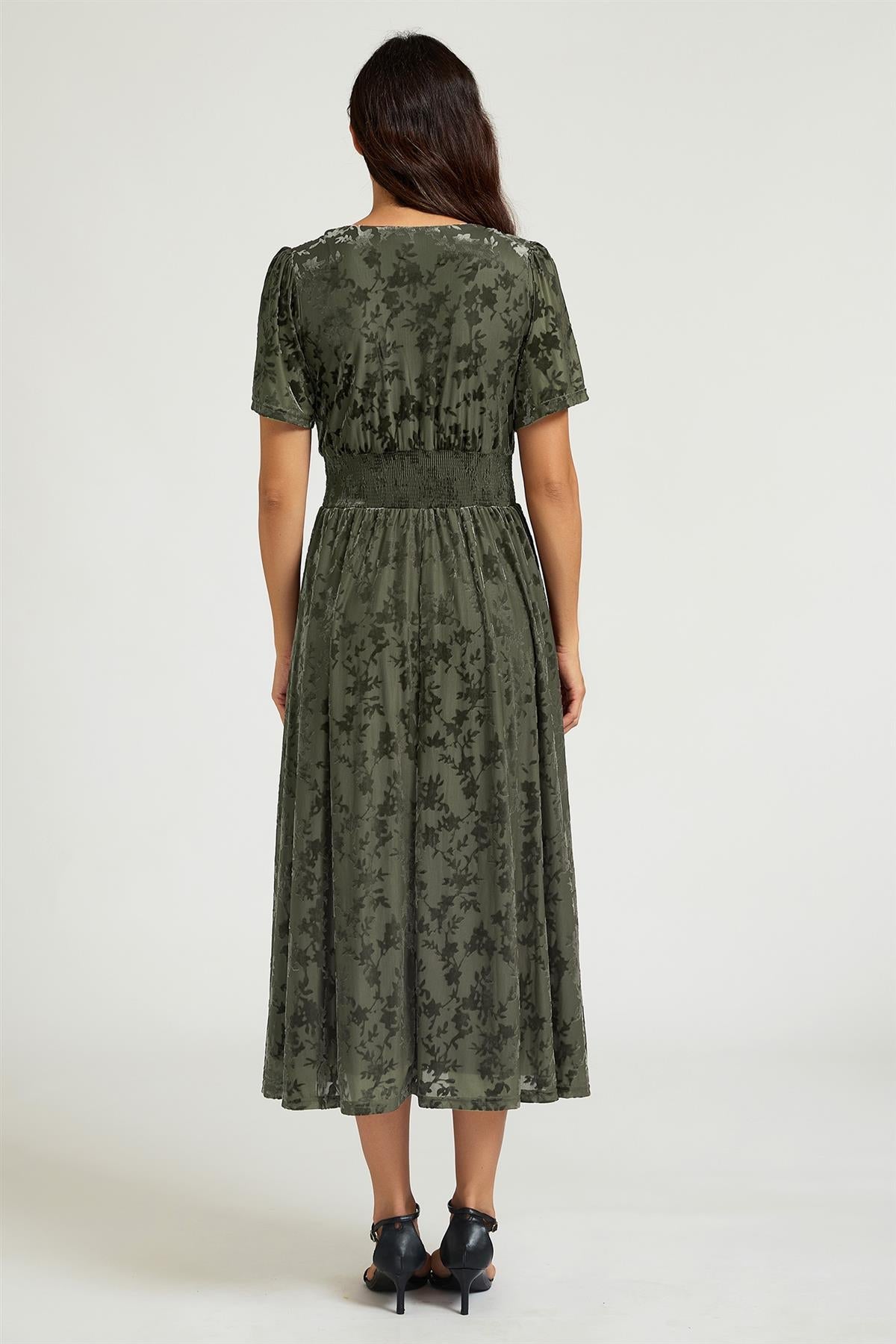 Dark Sage Velvet Burnout V-Neck Angel Sleeve Midi Dress FS955