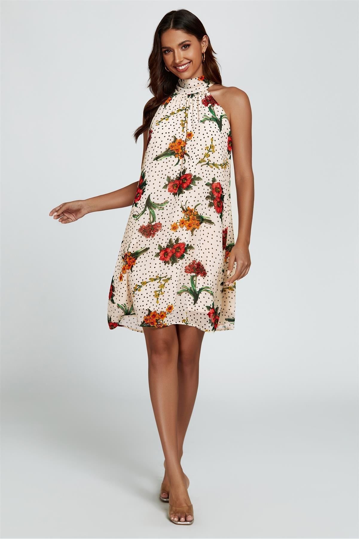 Floral Print Halter Neck Tie Back Mini Dress In Off White FS455