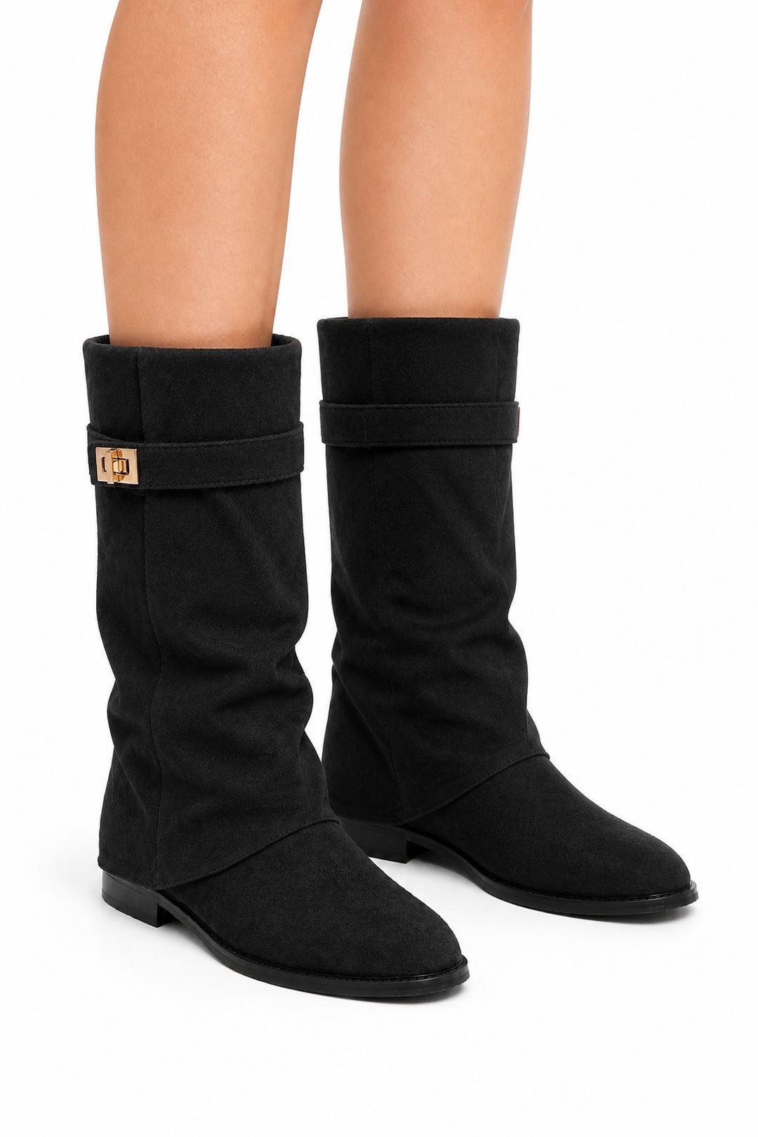 Isley Round Toe Gold Trim Buckle Fold Over Knee High Boots In Black Suede WISPA15-BLKSU