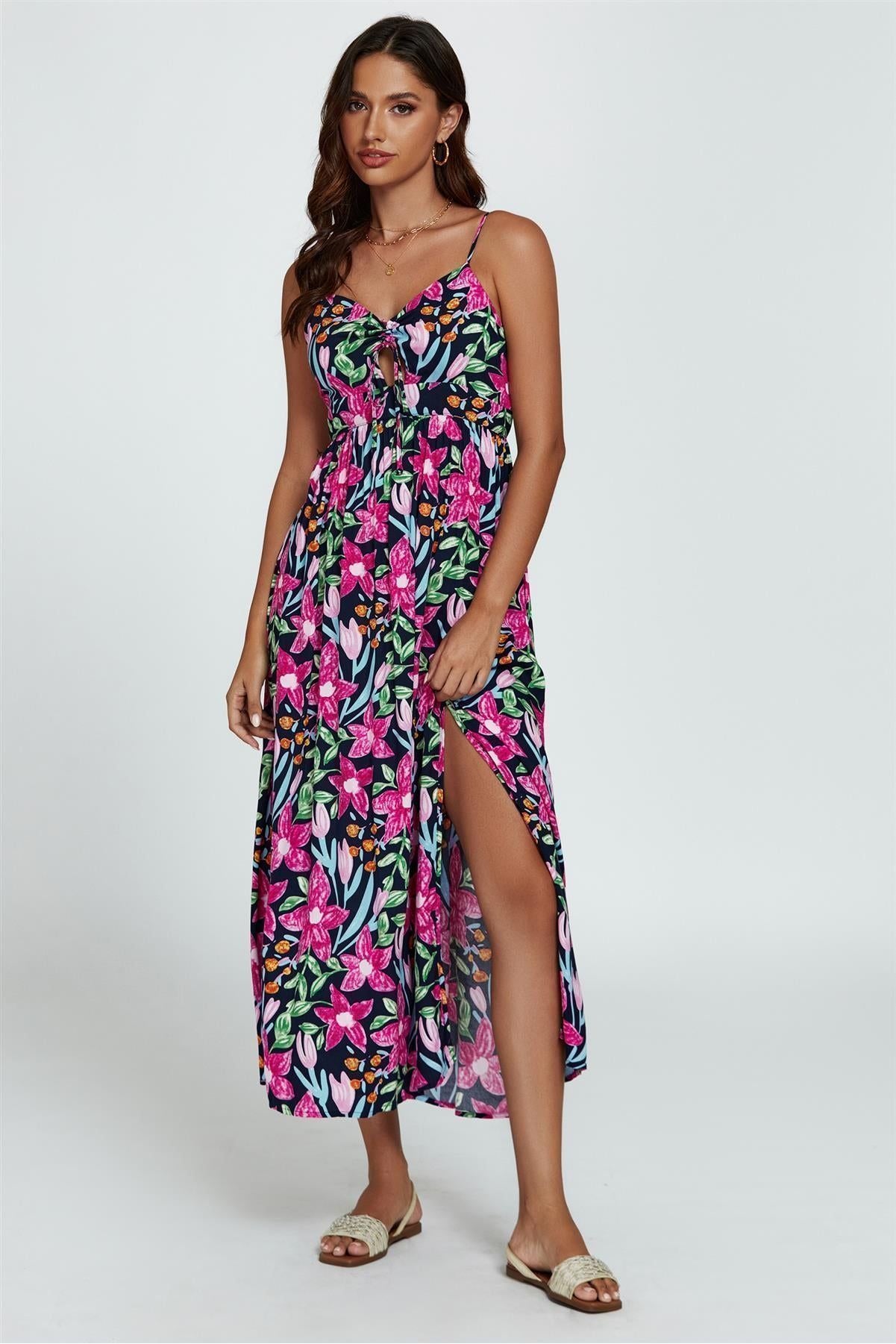 Floral Print Tie Front Maxi Dress In Black FS803-BM
