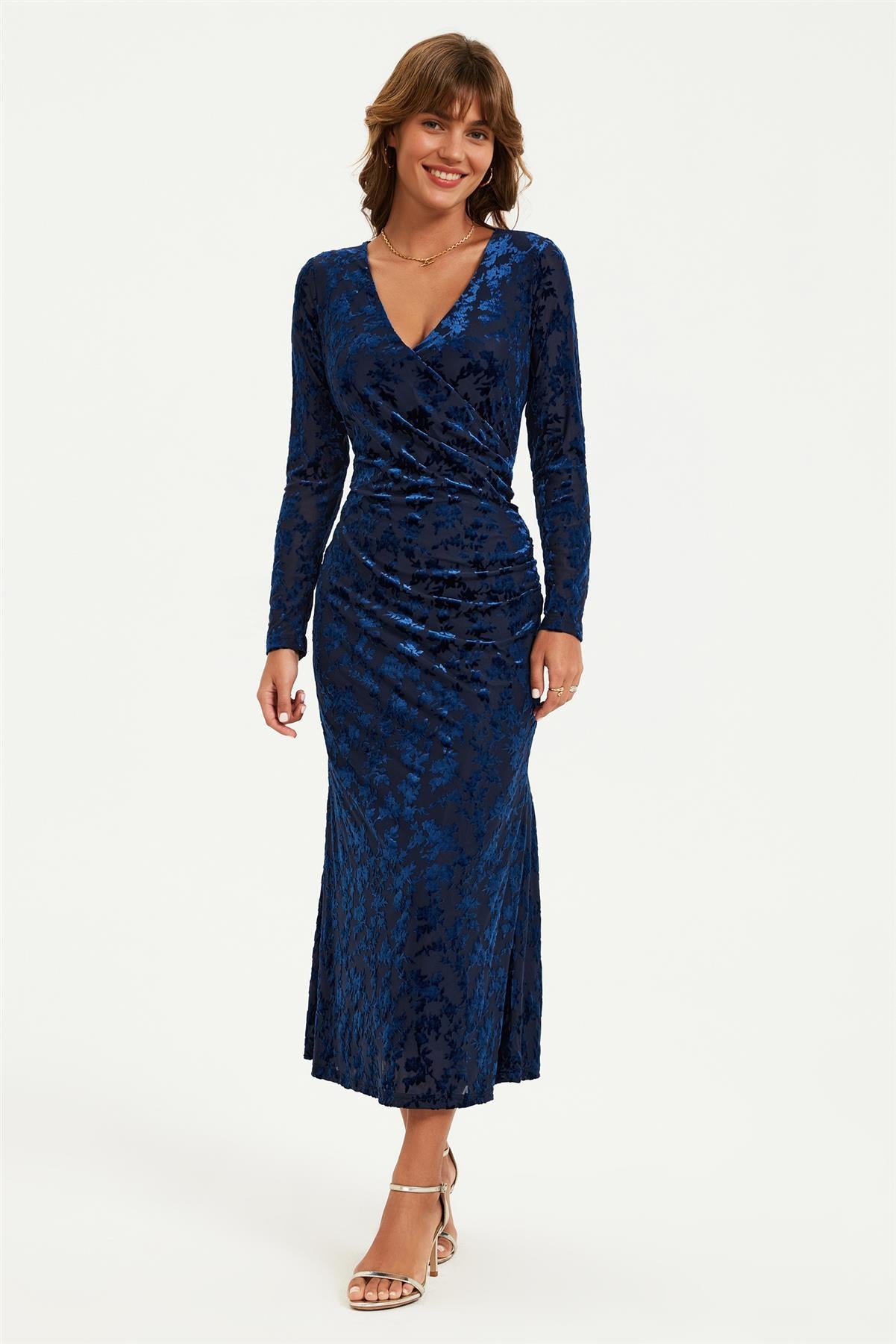 Floral Velvet Devore Long Sleeve Wrap Midi Dress In Navy FS902-NVF