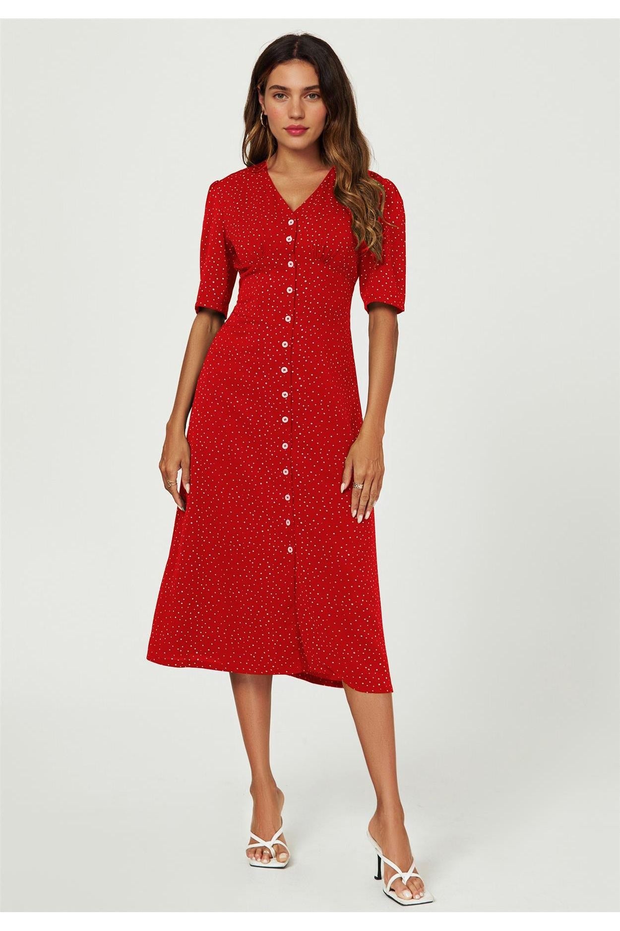Dot Print Button Front Midi Dress In Red FS707-RedDot