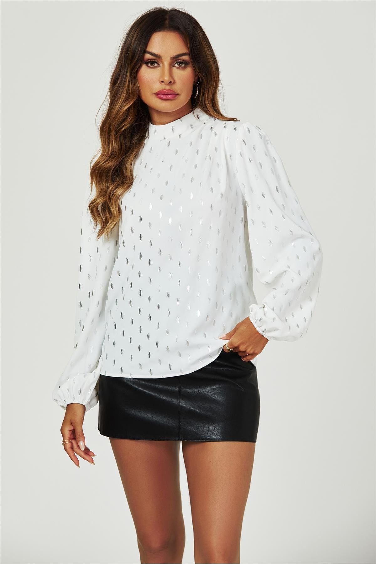 Silver Foil Long Sleeve High Neck Top In White FS628-WhiteFoil