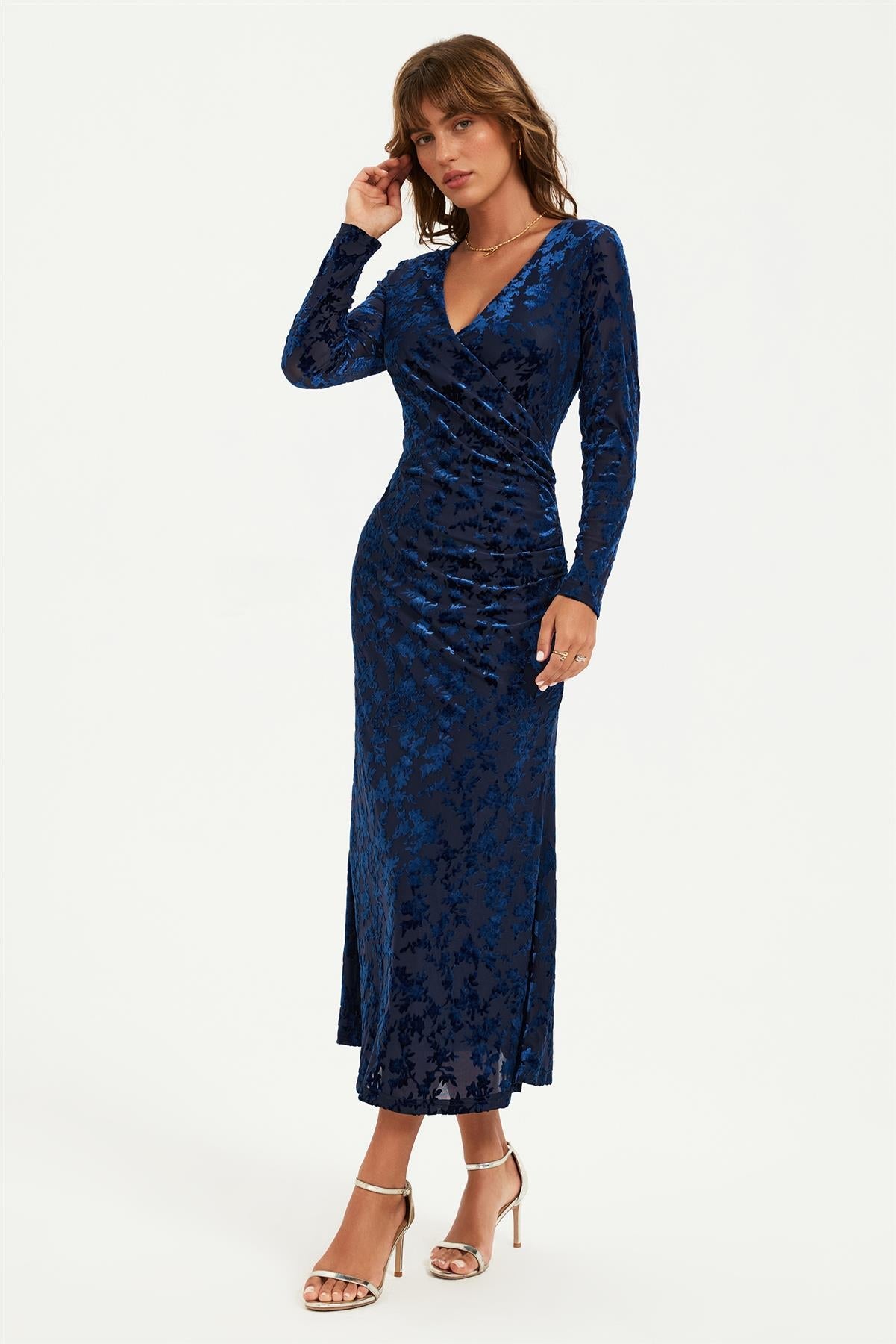 Floral Velvet Devore Long Sleeve Wrap Midi Dress In Navy FS902-NVF