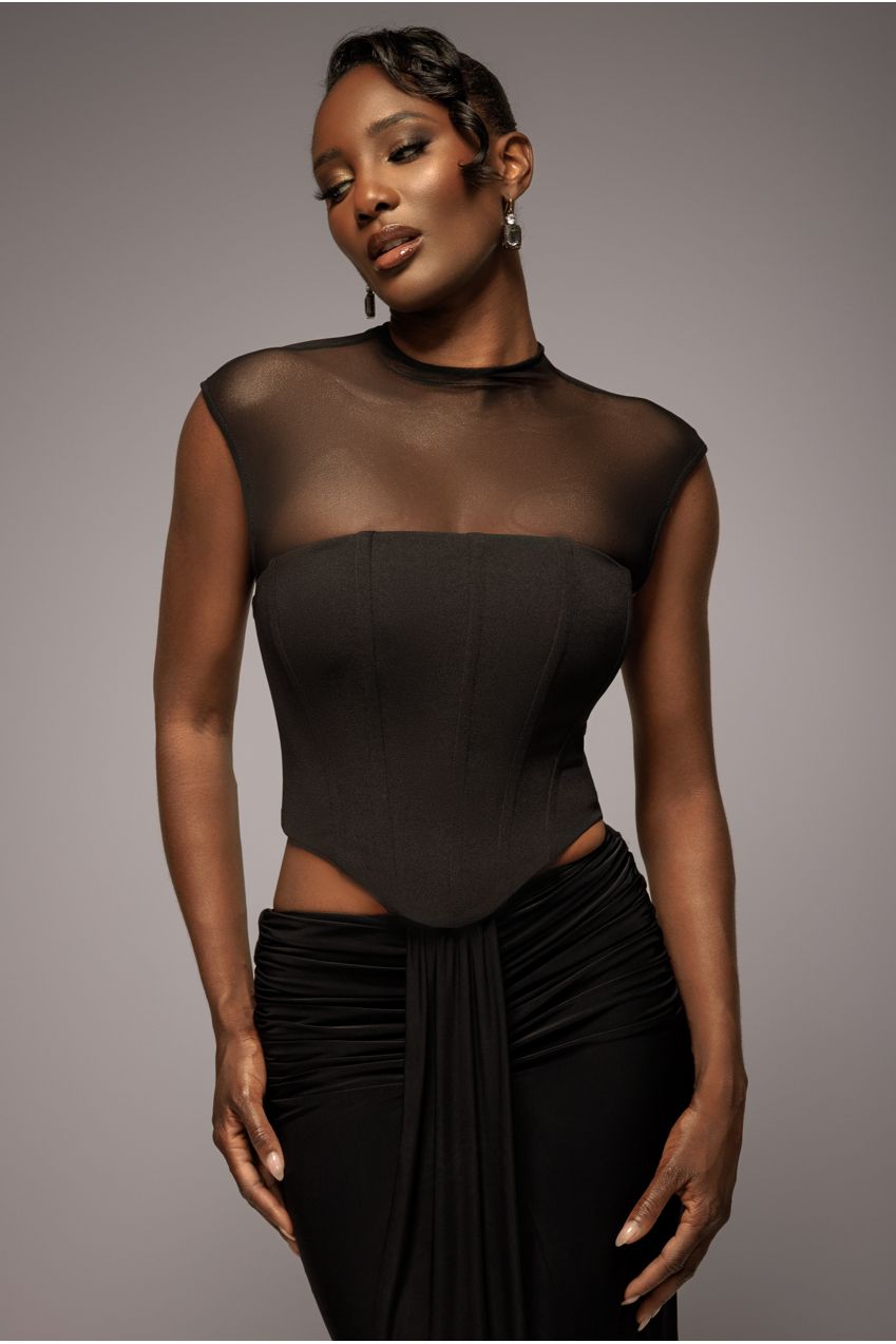 High Neck Open Back Lace Up Scuba Corset Top - Black T226